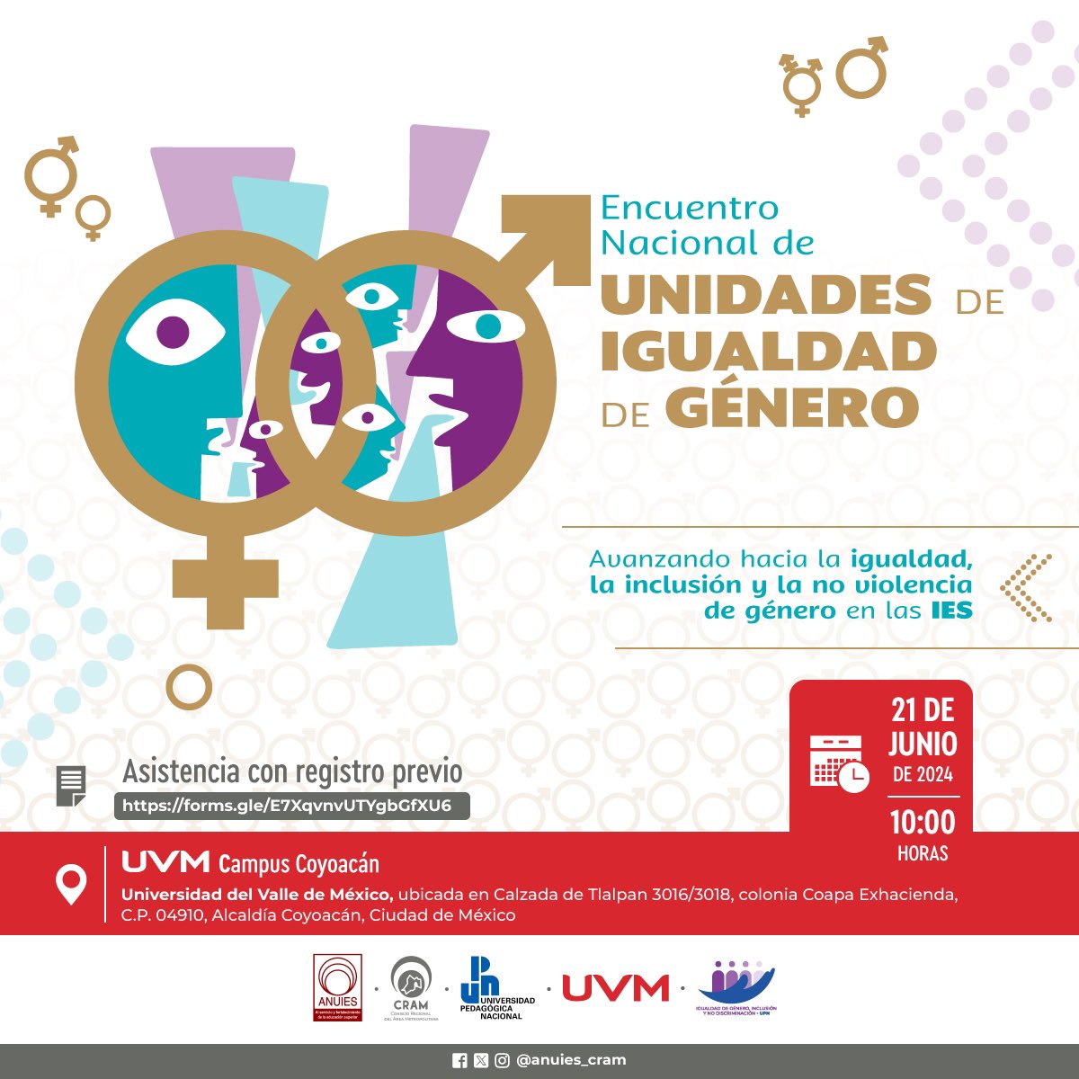ANUIES_CRAM's tweet image. ¡Nos vemos el próximo 21 de junio en la @UVMMEXICO campus Coyoacán! 
Para el Encuentro Nacional de Unidades de Igualdad de Género! 

Regístrate 📝 en forms.gle/KUPdbi7YRTUN4x…