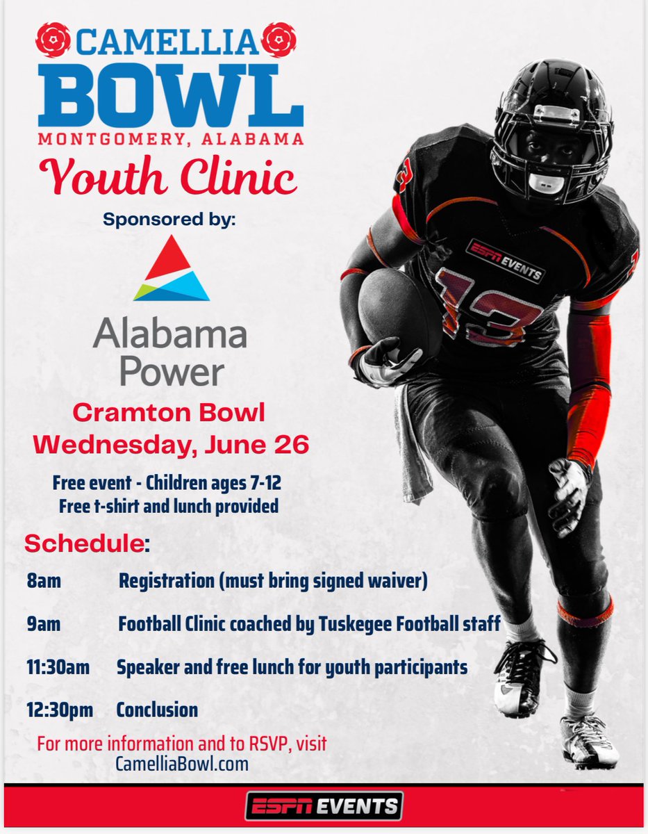 The Golden Tiger coaching staff will once again host the Montgomery Kickoff Classic Youth Clinic! 

The event is scheduled for June 26 at the Cramton Bowl in Montgomery! For more information head to CameliaBowl.com

#SkegeeFB l #MyTUAthletics l #CameliaBowlYouthClinic