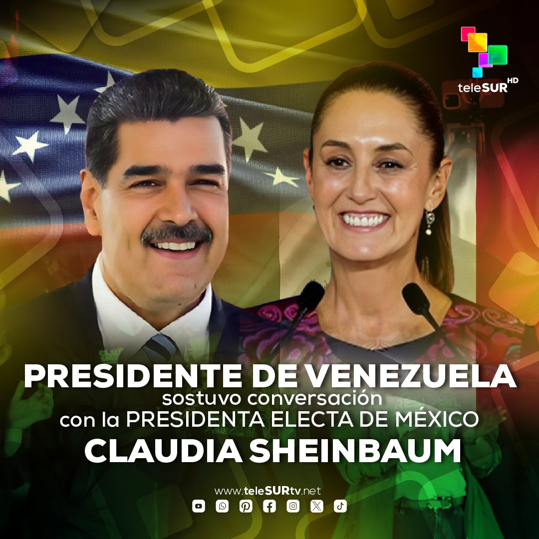 #ÚLTIMOMINUTO | teleSUR ha confirmado que el presidente de Venezuela, #NicolásMaduro, y la presidenta electa de México, #ClaudiaSheibaum, han dialogado y ratificaron sus lazos de amistad, se comprometen a fortalecer la Comunidad de Estados Latinoamericanos y Caribeños #CELAC y a
