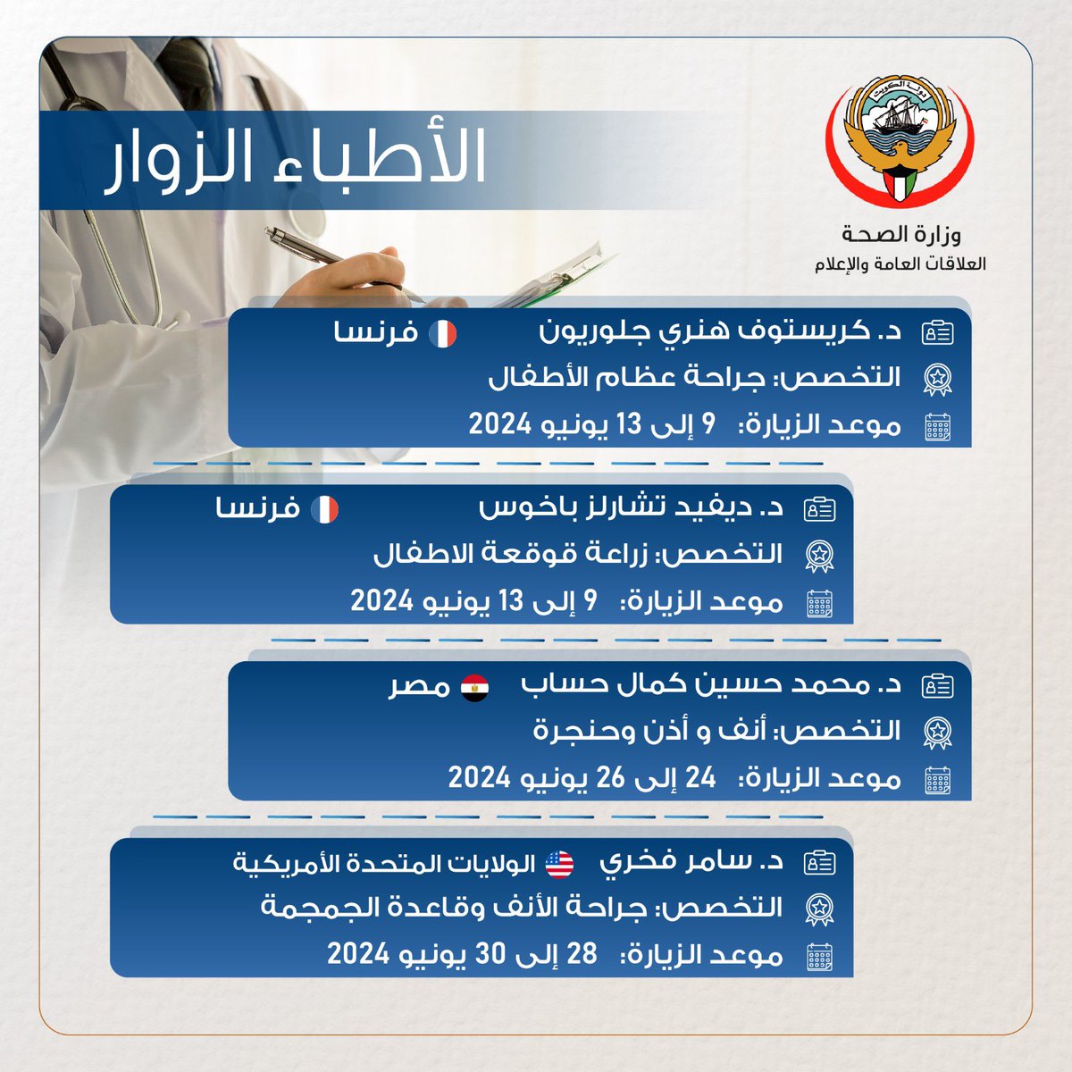 استضافة 20 طبيبًا من الخبرات العالمية، ضمن برنامج "الأطباء الزائرين"، خلال شهر يونيو الجاري.