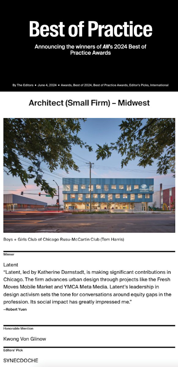 SYNECDOCHE (@synecdochedesig) on Twitter photo It's an honor to be the Editors' Pick for Midwest Small Firm in the 2024 Best of Practice Awards by The Architect's Newspaper! <a href="/archpaper/">The Architect's Newspaper</a>
Massive shoutout to our team, community, clients, and partners for helping us build impactful projects + practice.
archpaper.com/2024/06/announ… It's an honor to be the Editors' Pick for Midwest Small Firm in the 2024 Best of Practice Awards by The Architect's Newspaper! <a href="/archpaper/">The Architect's Newspaper</a>
Massive shoutout to our team, community, clients, and partners for helping us build impactful projects + practice.
archpaper.com/2024/06/announ…