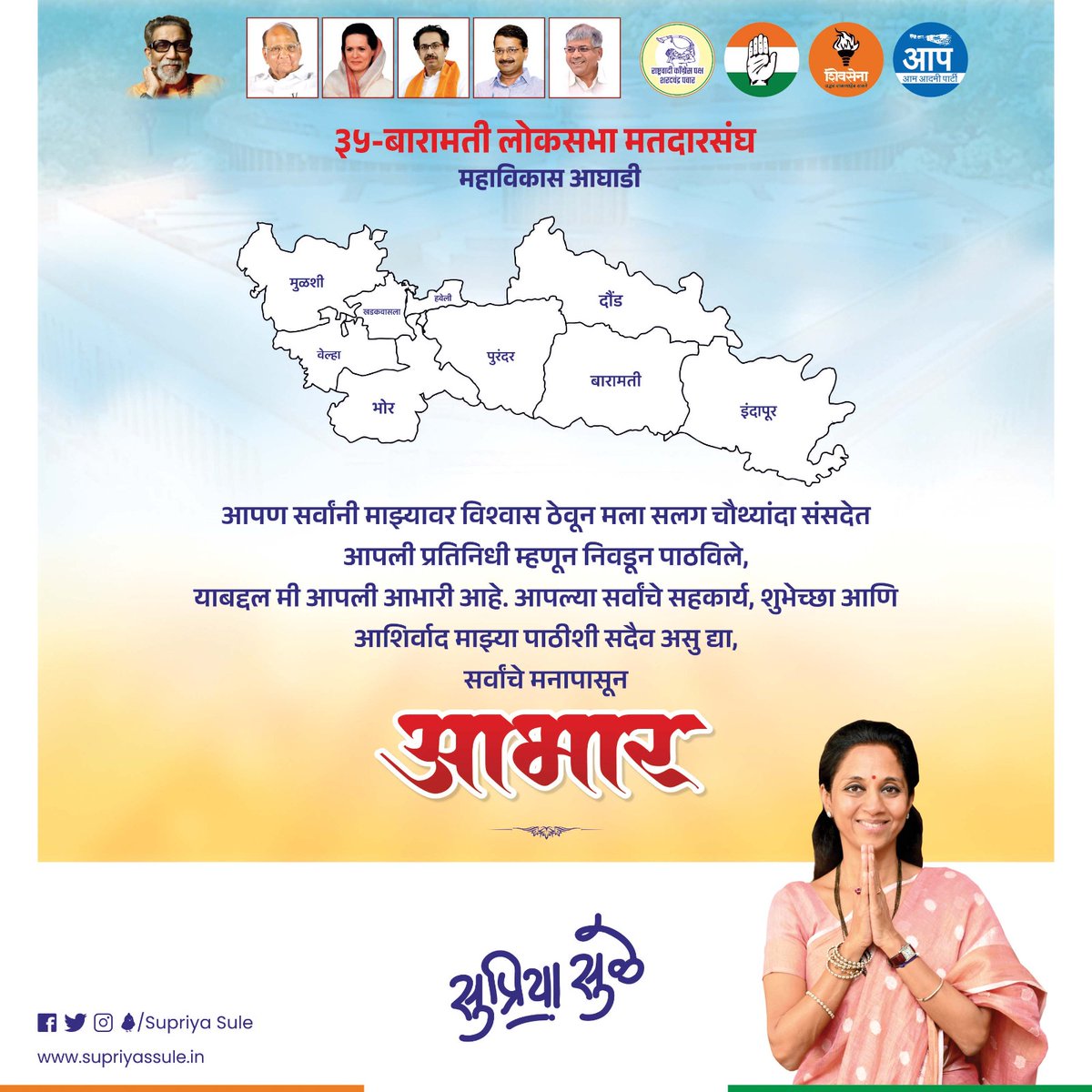 supriya_sule's tweet photo. कृतज्ञ...🙏🏻
माझ्या मतदारसंघातील बंधू आणि भगिनींनो,
आपण पुन्हा एकदा माझ्यावर विश्वास ठेवून मला सलग चौथ्या वेळेस आपल्या बारामती लोकसभा मतदारसंघाचे प्रतिनिधीत्व करण्याची संधी दिली. आपण माझ्यावर दाखविलेला विश्वास माझ्यासाठी अतिशय मोलाचा आहे. यावेळेसची निवडणूक महाराष्ट्राच्या स्वाभिमान कायम राखण्याची लढाई होती. या अतिशय महत्वाच्या लढ्यात आपण सर्वांनी महाराष्ट्राच्या स्वाभिमानाचा आवाज बुलंद करताना मला पुन्हा एकदा विजयी केले. अर्थात हा केवळ माझा एकटीचा विजय नाही. तर हा आपल्या मतदारसंघातील प्रत्येक स्वाभिमानी मतदाराचा विजय आहे. म्हणून हा सलग चौथा विजय आपणा सर्वांना अर्पण करीत असताना मला स्वतःला अतिशय आनंद होत आहे. आपण माझ्यावर वेळोव��ळी दाखविलेल्या विश्वासाला पात��र ठरण्यासाठी यापुर्वी देखील मी अविरतपणे काम केले आहे. हा वसा यापुढील काळात देखील कायम राहिल, हे वचन यानिमित्ताने देते. या निवडणूकीत राष्ट्रवादी काँग्रेस पक्ष - शरदचंद्र पवार या पक्षाच्या वतीने मी ‘तुतारी वाजविणारा माणूस’ या चिन्हावर महाविकास आघाडीची उमेदवार म्हणून निवडणूक लढविली होती.या निवडणूकीत प्रचारासाठी अक्षरशः जीवाचे रान करणारे राष्ट्रवादी काँग्रेस, काँग्रेस, शिवसेना उद्धव ���ाळासाहेब ठाकरे, आम आदमी पार्टी, वंचित बहुजन आघाडी, विविध सामाजिक व राजकीय संघटना यांसह सर्व सहकारी पक्षांचे कार्यकर्ते, पदाधिकारी आणि नेतमंडळी यांचे सर्वांचे मनापासून आभार. यापुढील काळातही आपले सहकार्य असेच मिळत राहील ही अपेक्षा. धन्यवाद.

Heartfelft Gratitude 🙏 

Thank you for trusting me once again and giving me the opportunity to represent our Baramati Lok Sabha constituency for the fourth time in a row. This election was a battle to maintain Maharashtra’s self-esteem, and together, we raised our voices for our state’s self-respect and emerged victorious. This win is not just mine; it belongs to every voter in Baramati Lok Sabha.

I have worked tirelessly to earn your trust and will continue to do so in the future. As a candidate of the Maha Vikas Aghadi under the ‘Trumpet Player’ symbol in Baramati Lok Sabha Constituency, I extend my heartfelt thanks to the NCP-SP, Congress, Shiv Sena - Uddhav Balasaheb Thackeray, Aam Aadmi Party, Vanchit Bahujan Aghadi, and all cooperative parties, social, and political organizations.

Your unwavering support is deeply appreciated. Thank you. 🙏🏻
@NCPspeaks @INCIndia @ShivSenaUBT_ @AamAadmiParty @VBAforIndia
