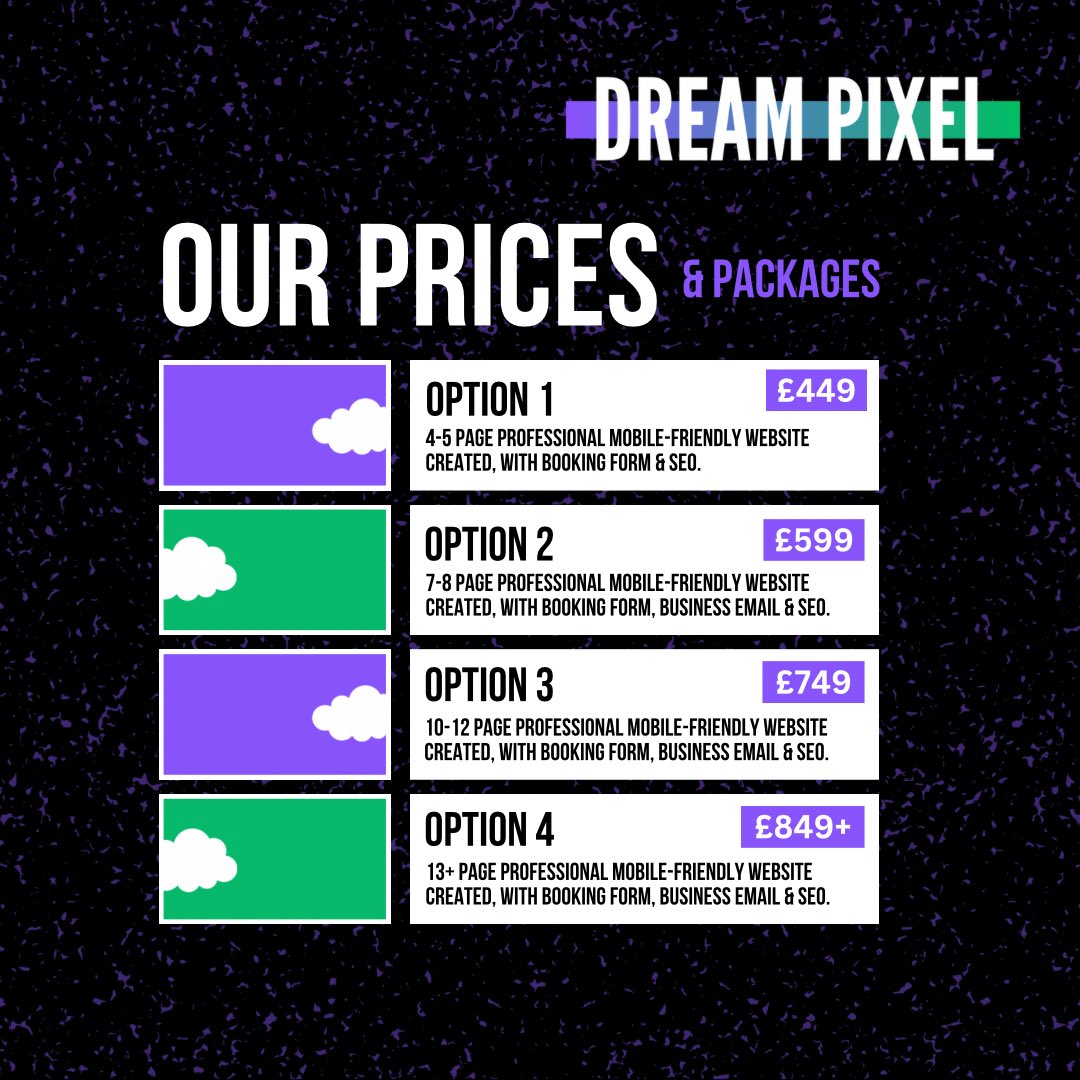 We’ve got an array of affordable options to suit every business &amp; project, starting from just £449 for a brand new website 💫

Stand out from the crowd and let us help you get setup today 🙌

dreampixel.co.uk