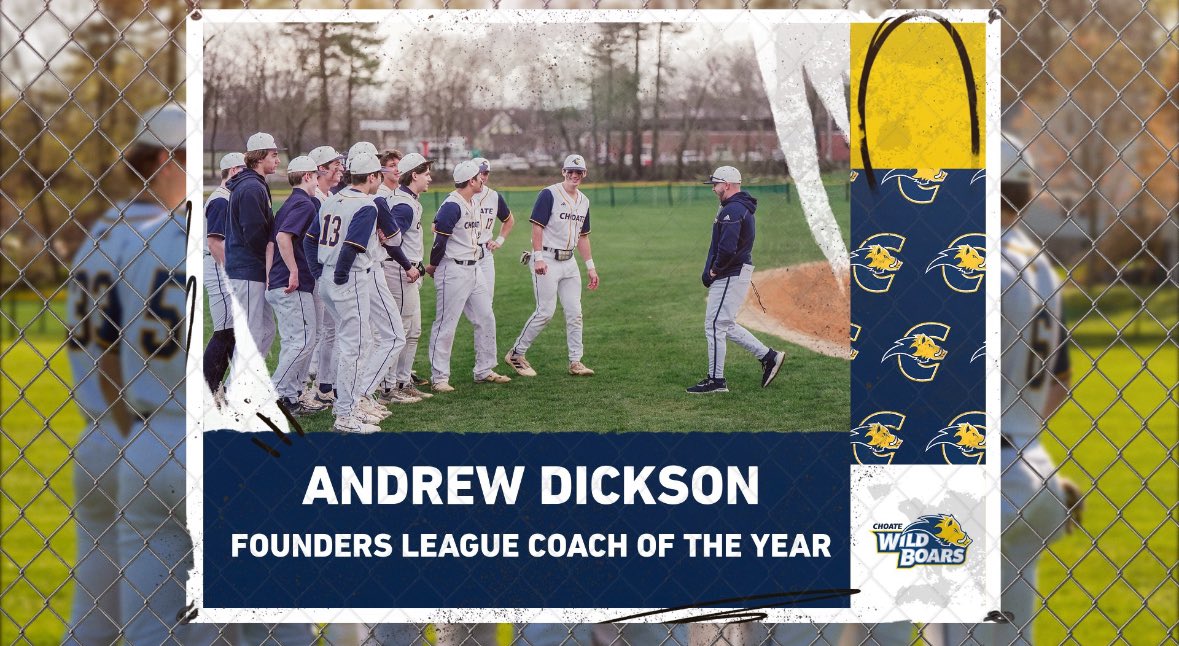 Choate_Baseball's tweet image. Congratulations to Coach Dickson on being named the Founders League Coach of the Year! Coach Dickson led the Wild Boars to the Founders league Championship for the first time in program history. Way to go, Coach!
@ChoateAthletics