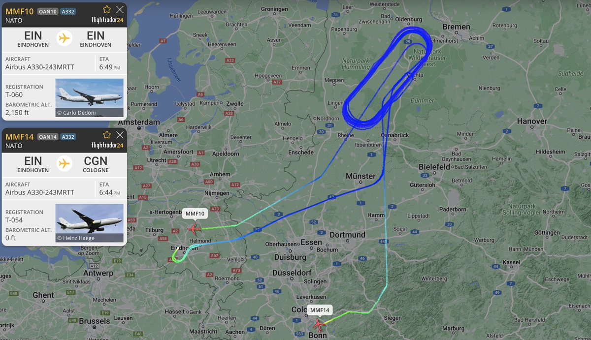alternativewip's tweet photo. #NATO A330 MRTT's seen on the flight radar circling over the north west of deutschland, departures from eindhoven, flight returning to eindhoven and flughafen köln . #MMF10 #MMF14 https://t.co/JXyafRTi8c