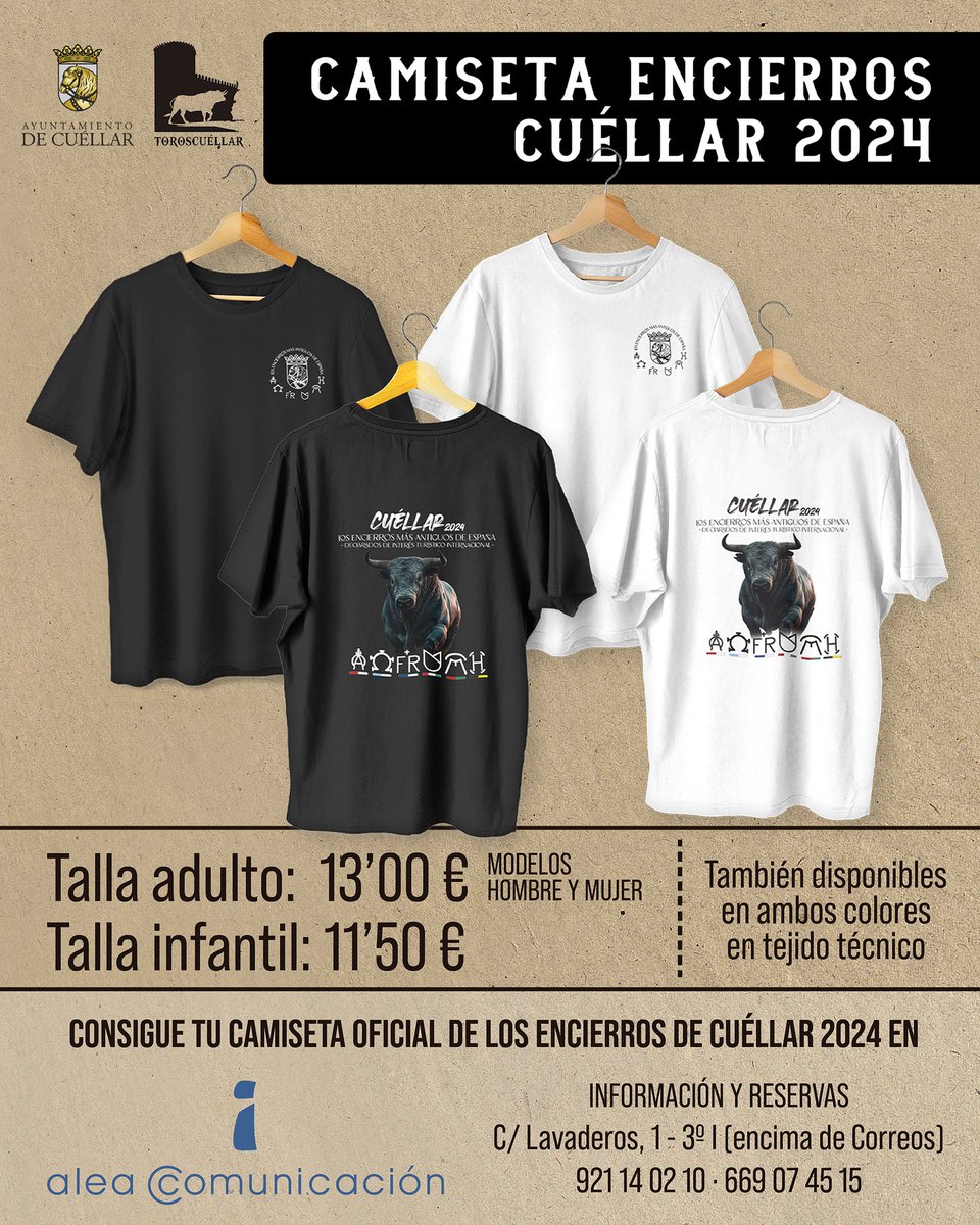 aleacuellar's tweet photo. Este año las Fiestas de #Cuéllar tienen camiseta oficial.
❇️ Blanca o negra.
❇️ De algodón o técnica.
❇️ De hombre, mujer o niño.
Encargos e info: 921 14 02 10  y 669 07 45 15. C/ Lavaderos 1 - 3° I (edificio of. Correos)
 #impresiontextil #encierrosdecuéllar #Toros2024 https://t.co/LxXQ35EC4P