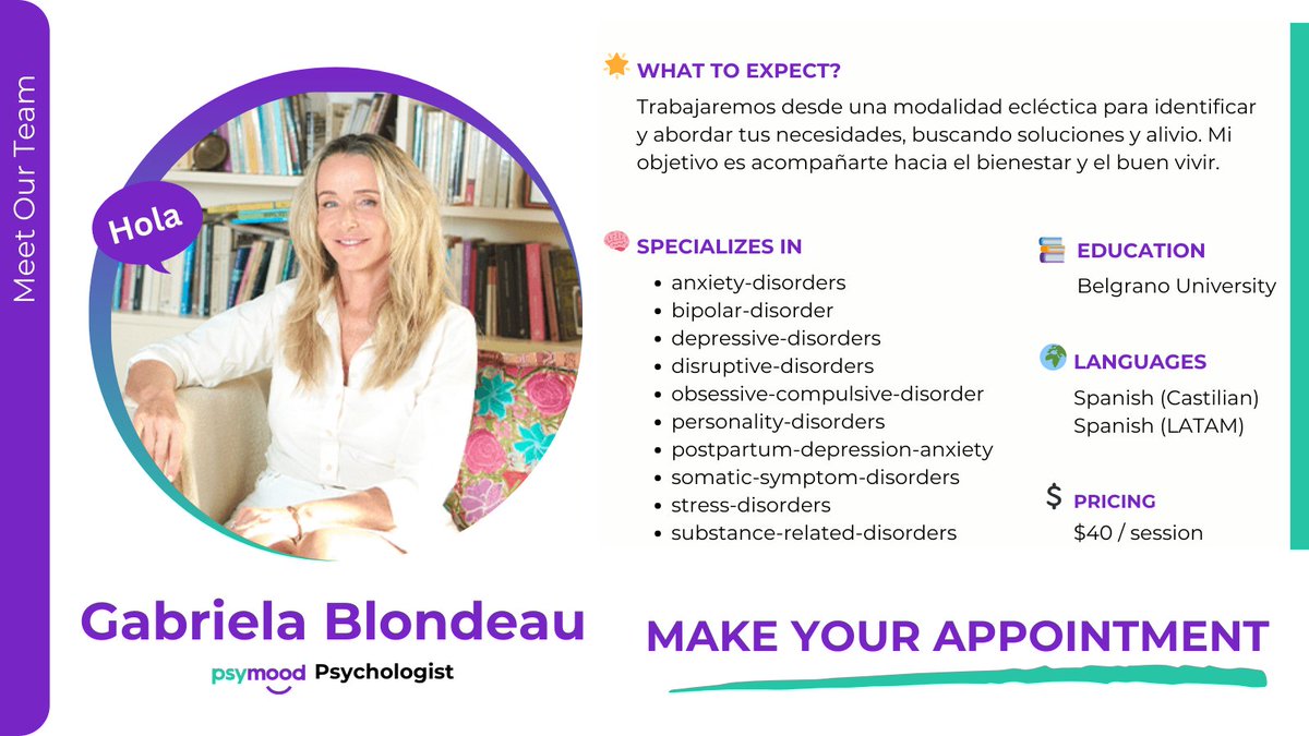 Meet our dedicated mental health team. This week’s spotlight: Gabriela Blondeau, a compassionate and experienced counsellor.

🔗 Book now!
app.psymood.com/specialists/ga…

#PsyMood #MeetOurTeam #MentalHealth #Anxiety #Depression #BipolarDisorder #OCD #Stress #Postpartum #SubstanceAbuse