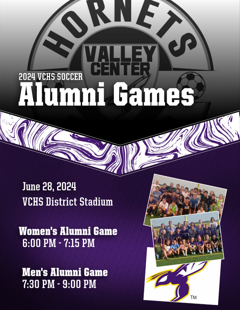 Soccer alumni games this year are Friday, June 28 at the stadium. Girls at 6pm and guys at 7:30.