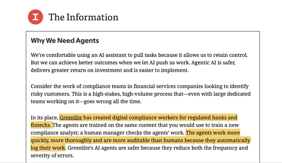 Will Lawrence (@will_lawrenceto) on Twitter photo Exciting news: Greenlite was recently featured in <a href="/theinformation/">The Information</a>, highlighting why agents are the future of staffing AML/BSA teams.
<a href="/SarahHinkfuss/">Sarah Hinkfuss</a> highlighted a few reasons why our agents in particular are effective:
1) Onboarded just like any new human employee
Give them Exciting news: Greenlite was recently featured in <a href="/theinformation/">The Information</a>, highlighting why agents are the future of staffing AML/BSA teams.
<a href="/SarahHinkfuss/">Sarah Hinkfuss</a> highlighted a few reasons why our agents in particular are effective:
1) Onboarded just like any new human employee
Give them