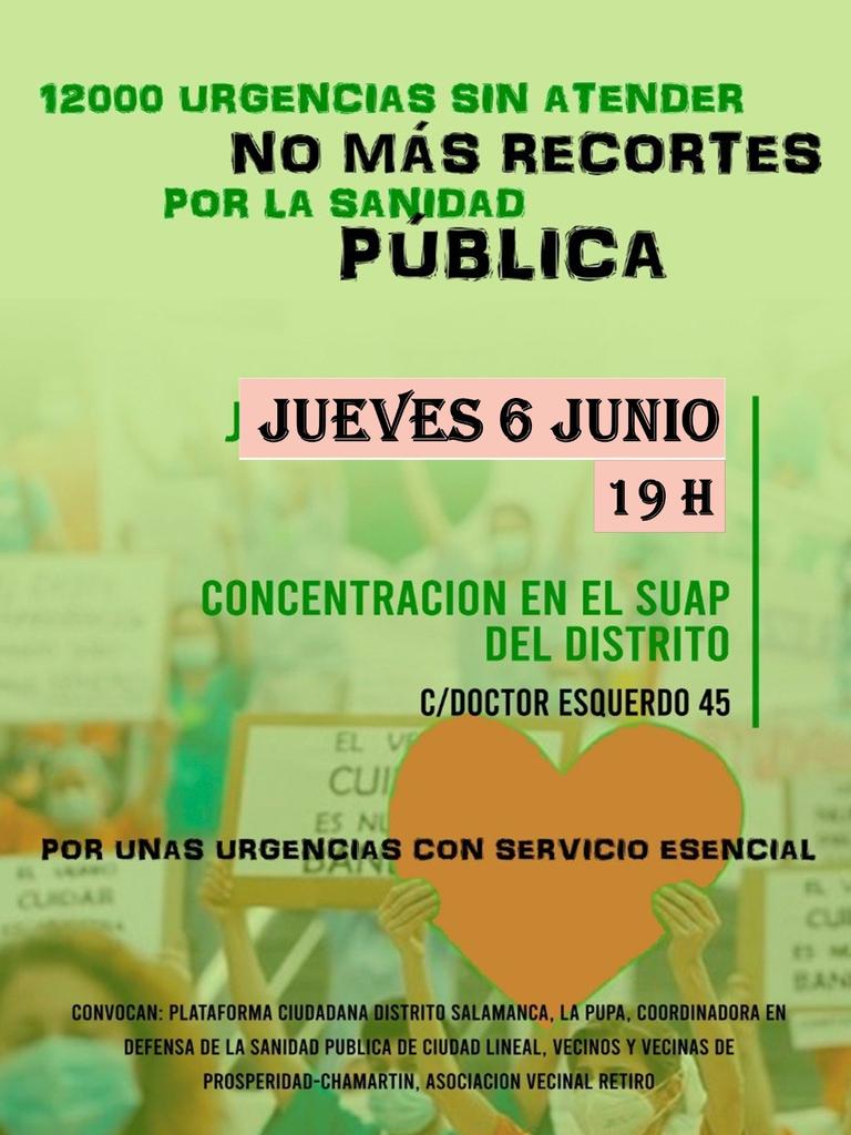 Este próximo jueves, día 6, dónde nos concentramos en defensa de nuestra #SanidadPública ? En CS Pirámides ( Arganzuela) , en Villaverde(Travesía de Arechavaleta), en Carabanchel ( manifestación de CS Abrantes a Pza de Tarifa) y en distrito Salamanca ( Dr Esquerdo,45) Te vienes?