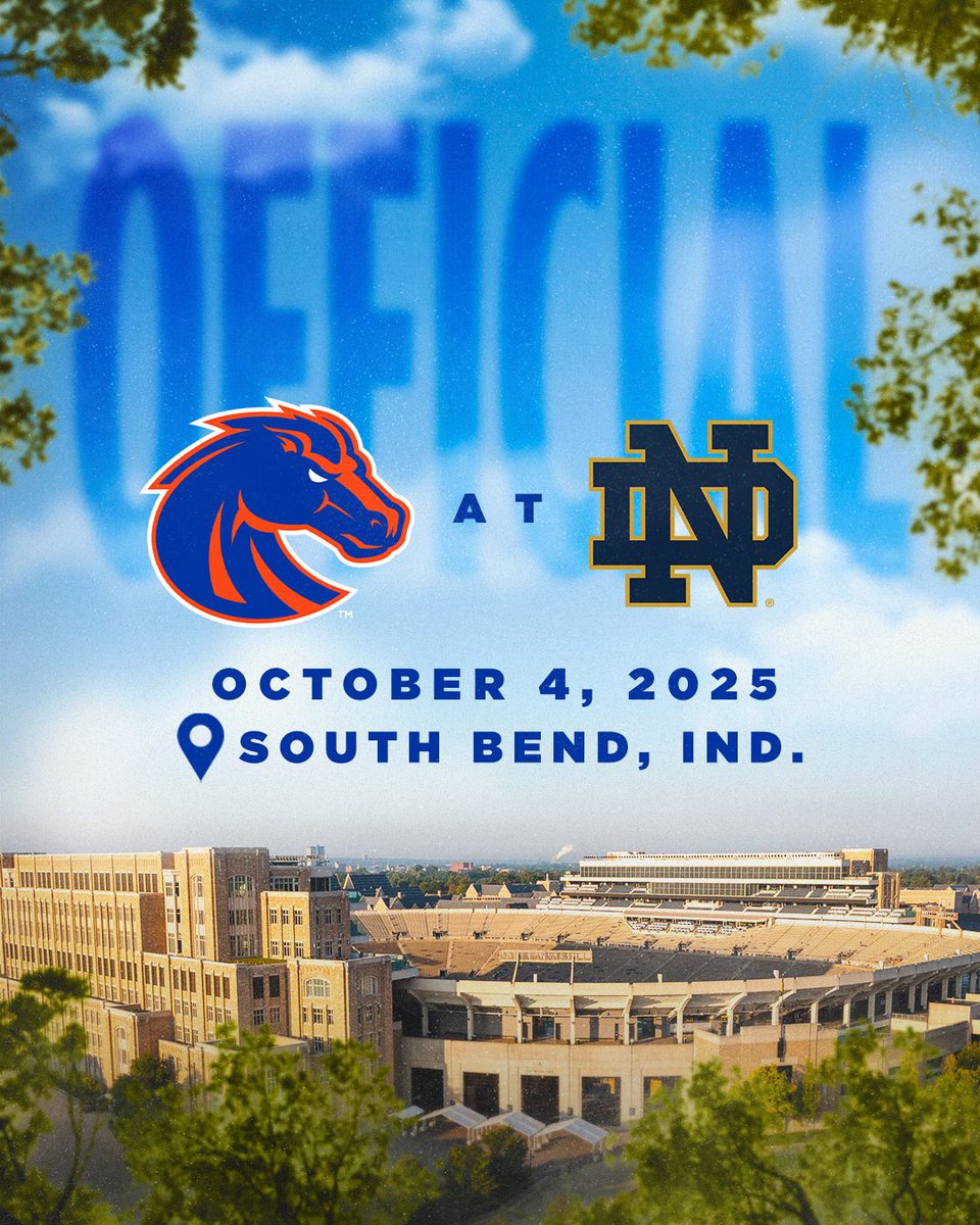 Two legendary programs at one legendary venue 🔵🏈☘️

Boise State will play at Notre Dame on Oct. 4, 2025!

📰 boi.st/3x3Fqs8

#BleedBlue | #BuiltDifferent