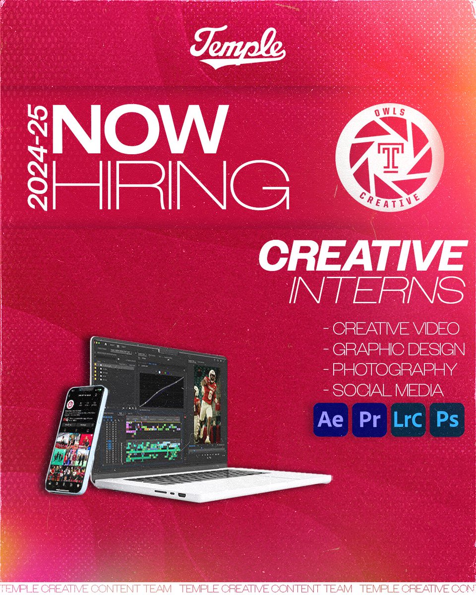 HootCreative's tweet photo. Join the Temple Athletics Creative Content Squad! 📸🎥🎨📱

The application for the 2024-2025 school year is now live! For priority consideration, apply by June 30th.

Apply here: https://t.co/zVpWcHkW4V https://t.co/iW6eN5BlKG