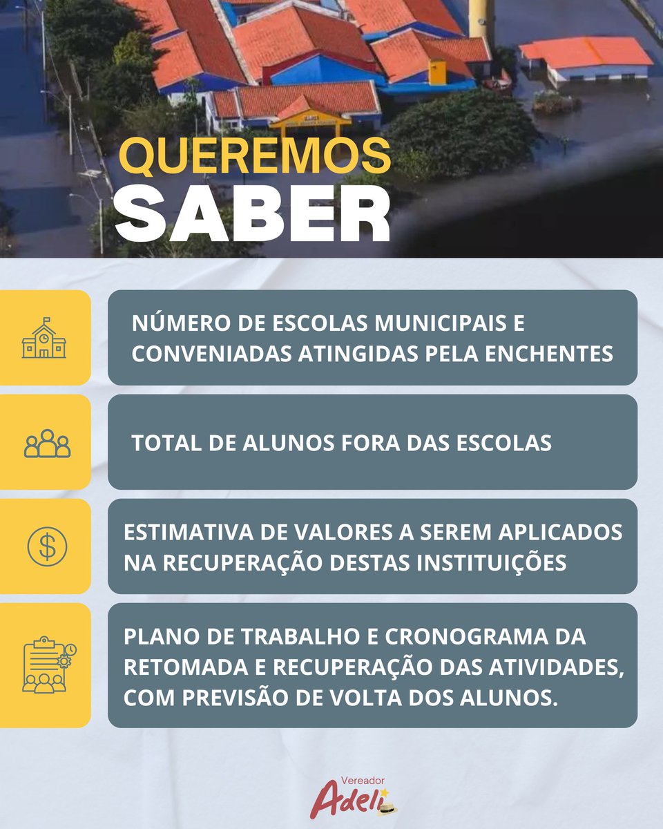 AdeliSell's tweet photo. As enchentes que causaram estragos em POA impactaram duramente a rede municipal escolar e milhares de alunos. É urgente que a Prefeitura elabore um plano de retomada das aulas e recuperação das atividades. 
Neste sentido, fizemos um Pedido de Informações questionando 4 pontos: https://t.co/XpIzSWkfDa