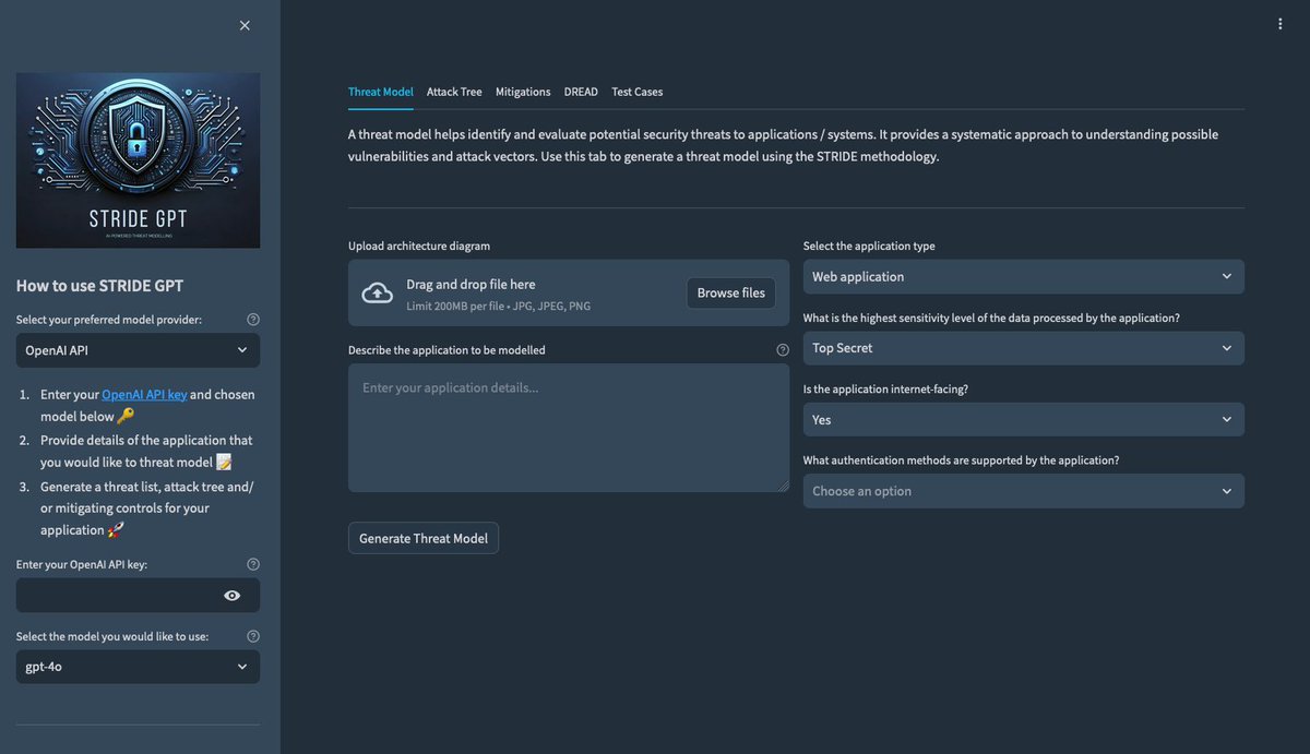 clintgibler's tweet image. 🤖 STRIDE GPT v0.8
AI-powered threat modeling tool that generates threat models for a given application based on the STRIDE methodology
🆕 New features:
* DREAD risk scoring
* Auto-generate Gherkin test cases based on identified threats
github.com/mrwadams/strid…