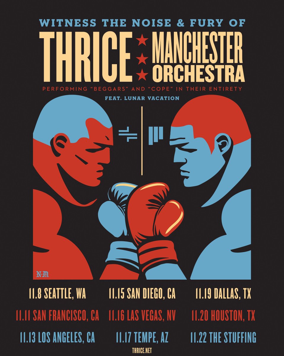 Thrice's tweet photo. We are thrilled to announce we’ll be doing a co-headline tour with our good friends in @ManchesterOrch this November where we’ll be celebrating the 15-year anniversary of “Beggars” and 10-year anniversary of “COPE”. Pre-sale tickets are available now at https://t.co/FsyOca8IvG. https://t.co/yipLquriD6