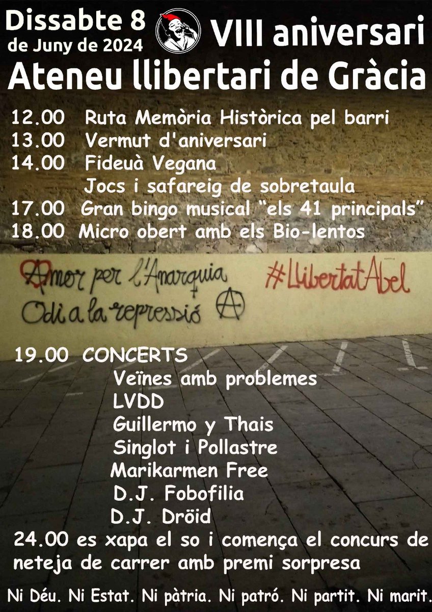 ALLibGracia's tweet photo. 🗓 AGENDA
Dissabte 08/06/24
12h 

VIII Aniversari Ateneu Llibertari de Gràcia https://t.co/SfNksI8boN
