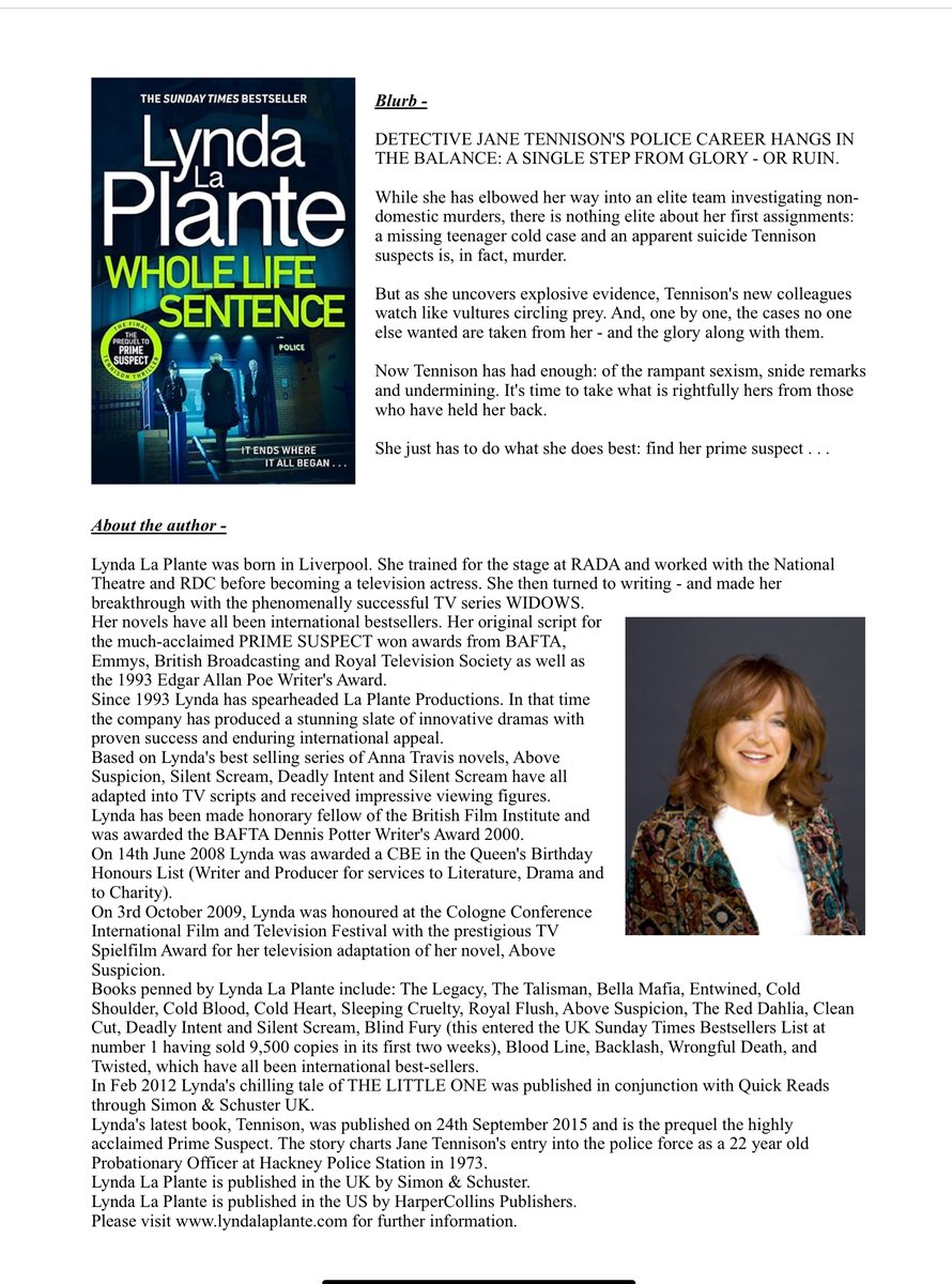 MiriamLSmith3's tweet photo. It’s been a HUGE honour to be a part of the #TeamTennison blog tour for @LaPlanteLynda’s #JaneTennison series & to help close the tour with my thoughts on the publication day of book 10 -#WholeLifeSentence
#AMothersMusingsSunderland @Tr4cyF3nt0n #CompulsiveReaders #PrimeSuspect https://t.co/KysAAfe4wd