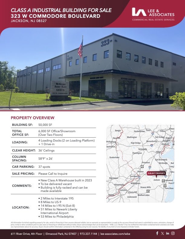 Jewocity's tweet photo. Class A Industrial Building For Sale
323 W Commodore Blvd Jackson, NJ 

Contact
Chris Griffith
cgriffith@lee-associates.com
C 908.380.3627 https://t.co/ufYmn5n8EF