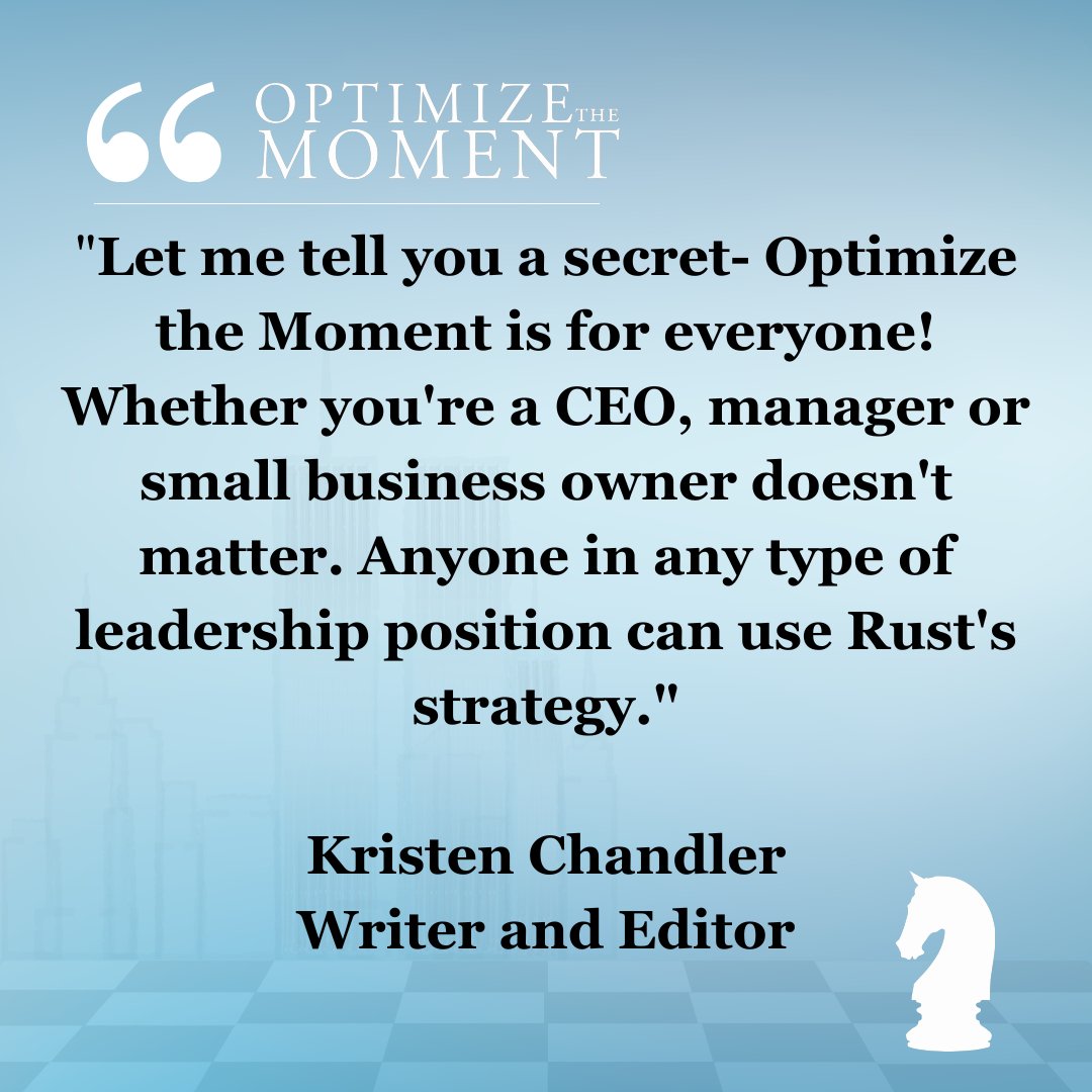 mrust1023's tweet photo. Writer and editor Kristen Chandler recommends everyone read Optimize the Moment whether they work in the corporate world or not.
Get #OptimizeTheMoment on Amazon:
U.S. https://t.co/iISdiqm5vj
Canada https://t.co/uYnJXKKYid
UK https://t.co/ey3jwAv0nW
#Leadership #NewBook https://t.co/8sx0TYlBHX