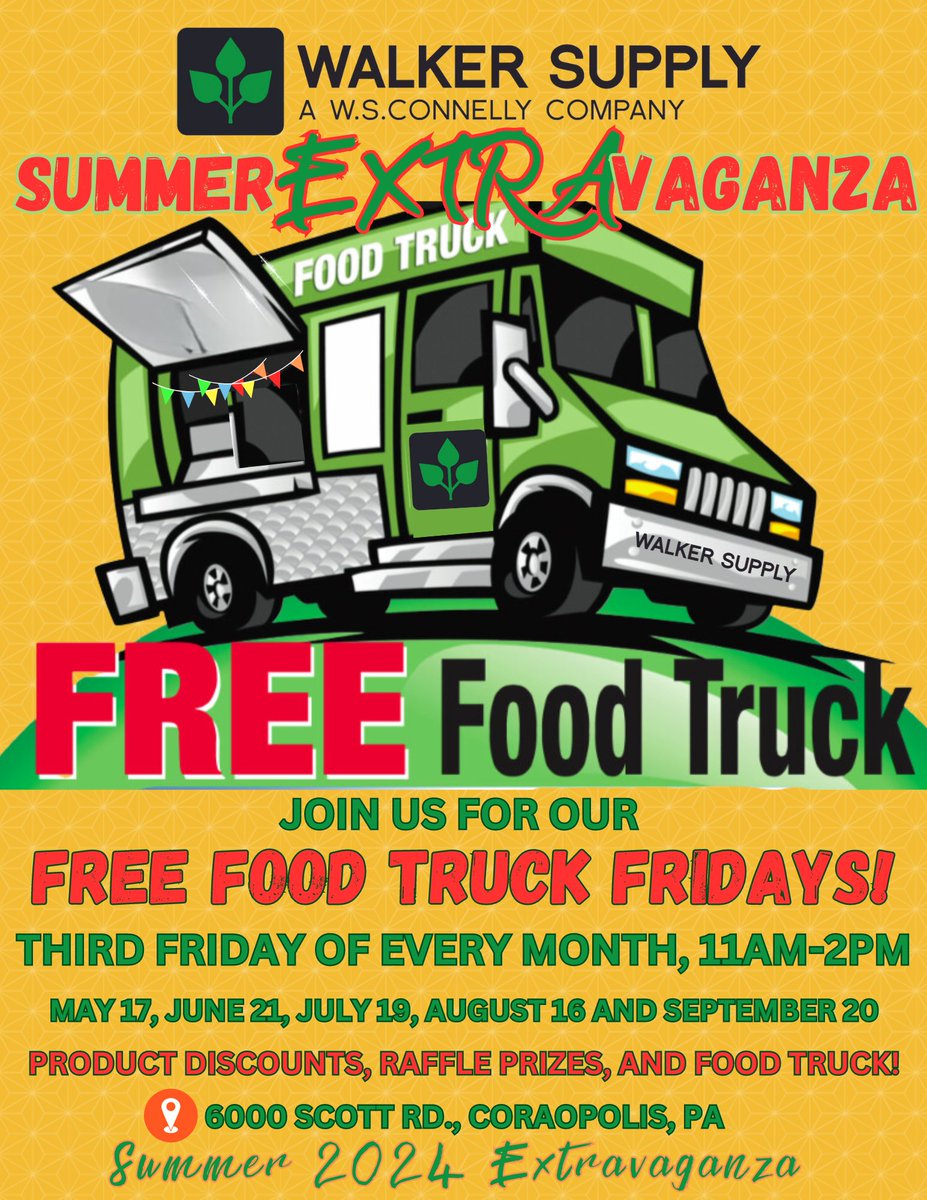 Don't forget our FREE FOOD TRUCKS FRIDAYS!
Our next food truck will be on FRIDAY, JUNE 21 at our Coraopolis Branch. 6000 Scott Road. Come and enjoy free food on us and while you're here, get your summer turf and gardening needs.
THIS FRIDAY-JUNE 21. BE THERE!