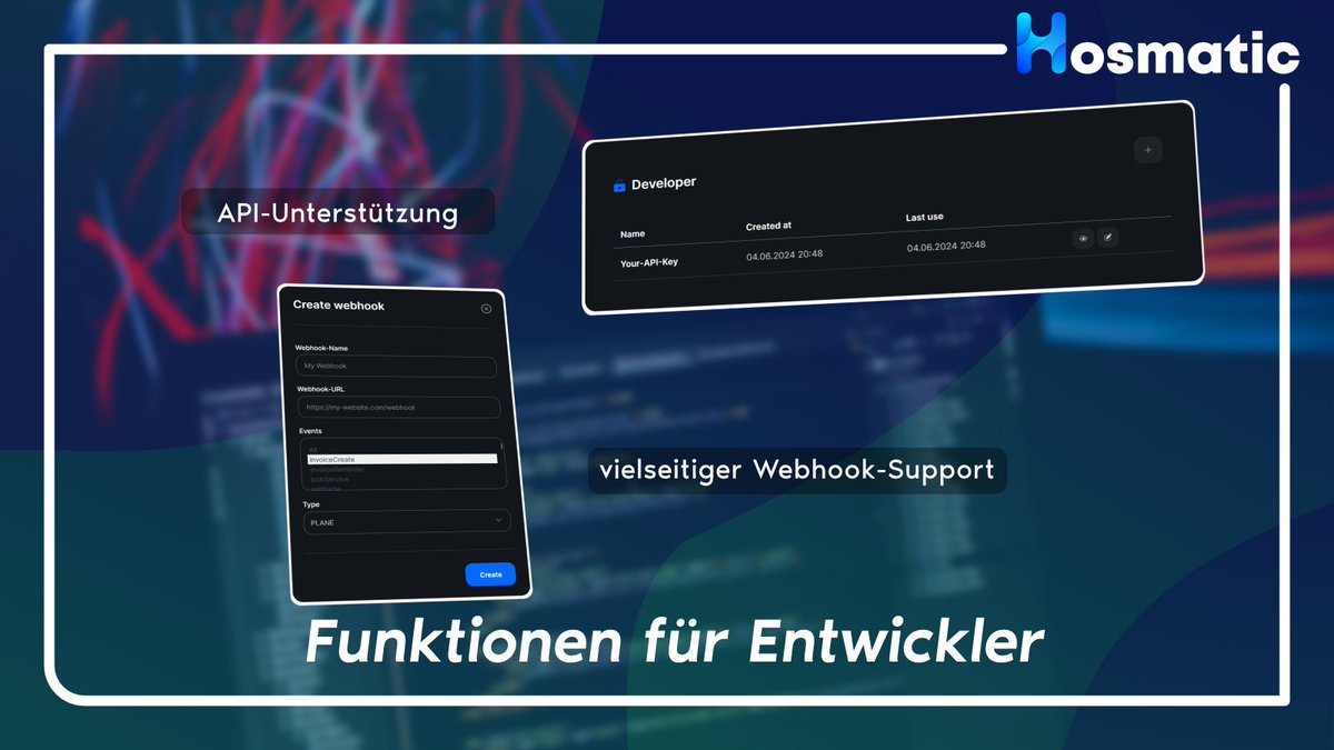 Webhooks und vollständige API-Unterstützung, direkt im Dashboard verwaltbar. ⚙️💻  
Die Funktionen findet ihr in den Einstellungen unter "Developer". 😎