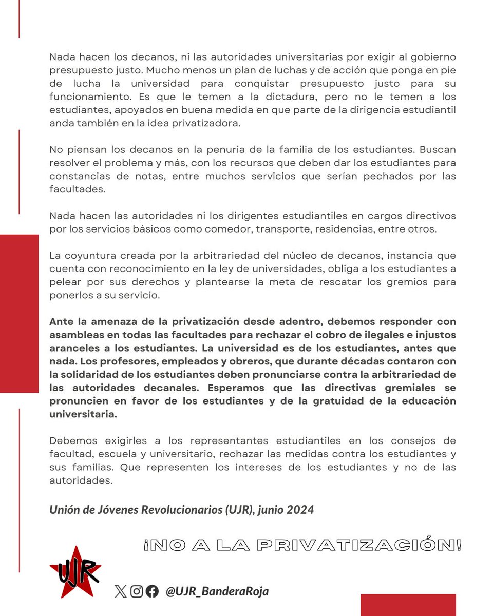 #COMUNICADO | 📄 No a la privatización de la Universidad Central de Venezuela.

El cobro de aranceles no está contemplado en la ley de universidades vigente ni han sido autorizados por el Consejo Universitario.

Ante esta menaza debemos responder con asambleas por facultad.