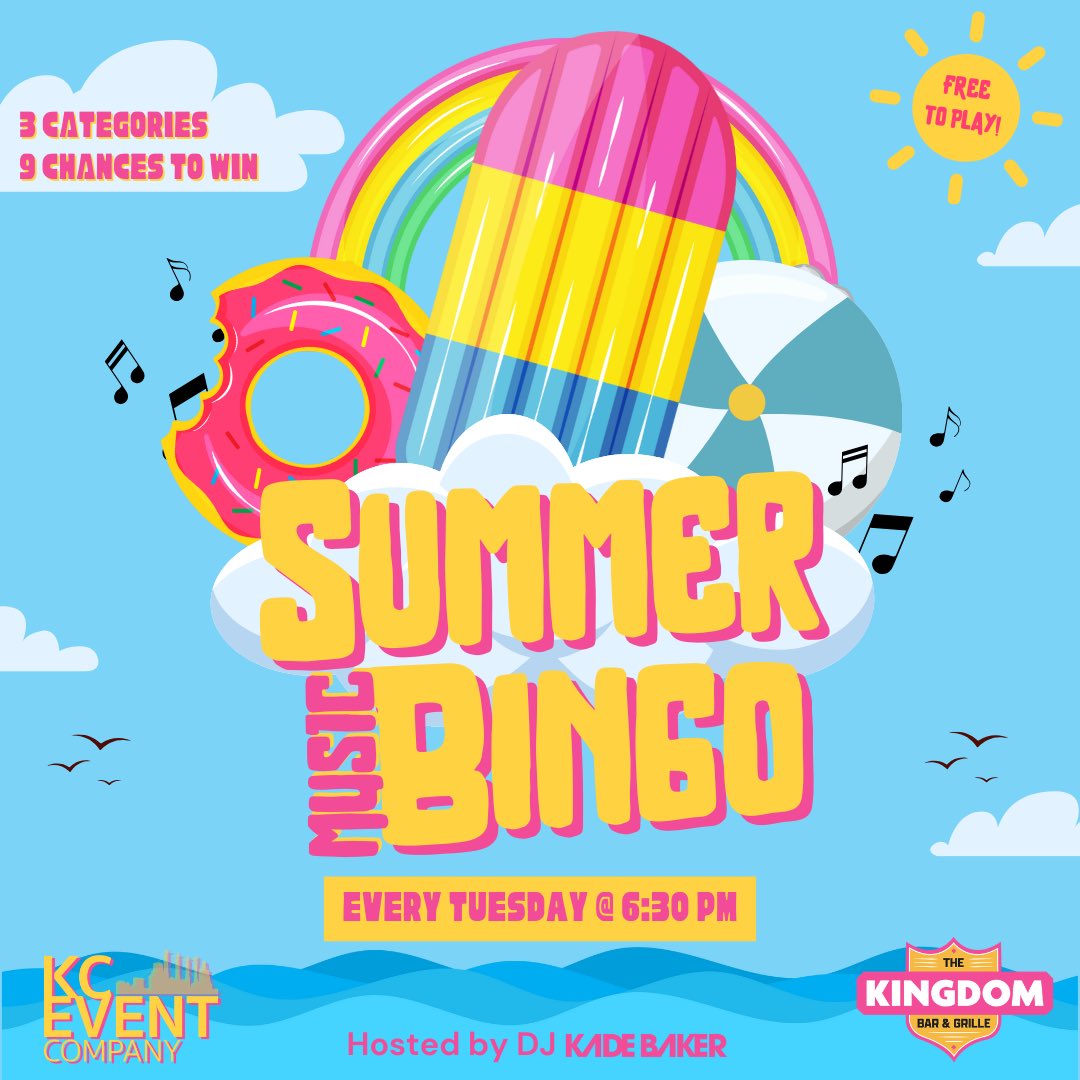Join me at <a href="/KingdomBarKC/">Kingdom Bar and Grille</a> tonight as we kick off our Summer Music Bingo series! We’ve got great prizes like coolers, umbrellas, and sunglasses to give away! 

We’ll be out in the patio with 3 different categories and 9 chances to win!