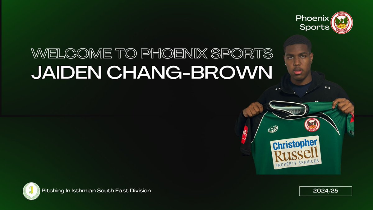 phoenixsportsfc's tweet photo. We would like to welcome JAIDEN CHANG-BROWN to Phoenix Sports! 🥳
Jaiden is a hardworking and industrious centre-midfielder that has most recently played for Abbey Rangers and Tooting & Mitcham
🔗https://t.co/NaLgZPbfFu
#WelcomeToPhoenix 💚🖤 https://t.co/b8XuXA1Xje
