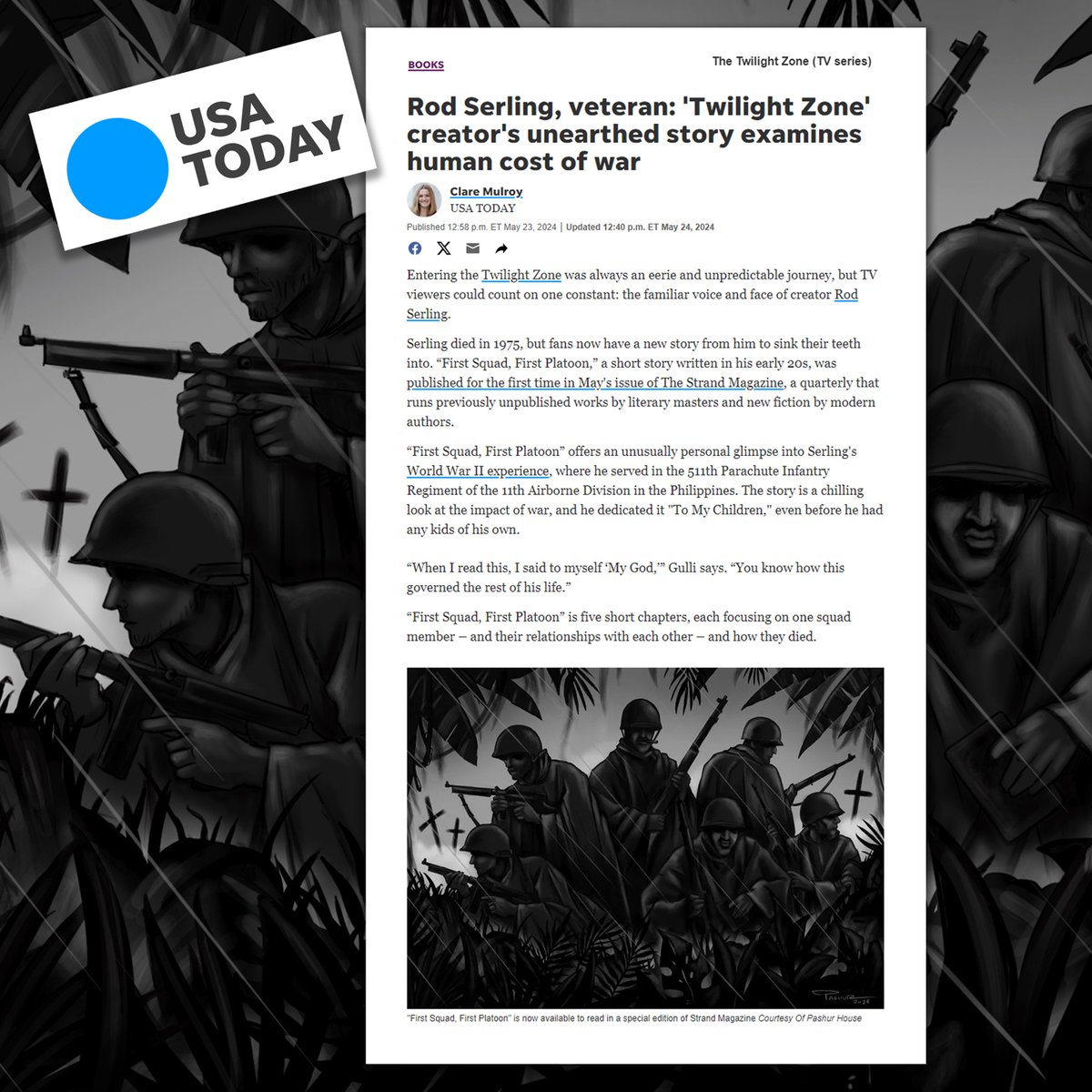 PashIllustrator's tweet photo. I recently had the honor to illustrate a previously unpublished #RodSerling story called "First Squad, First Platoon" for @StrandMag. On May 23, @USATODAY did an article about Rod Serling's story and they used my #illustration that accompanied the story in #StrandMagazine. https://t.co/n3wrkUaZP4