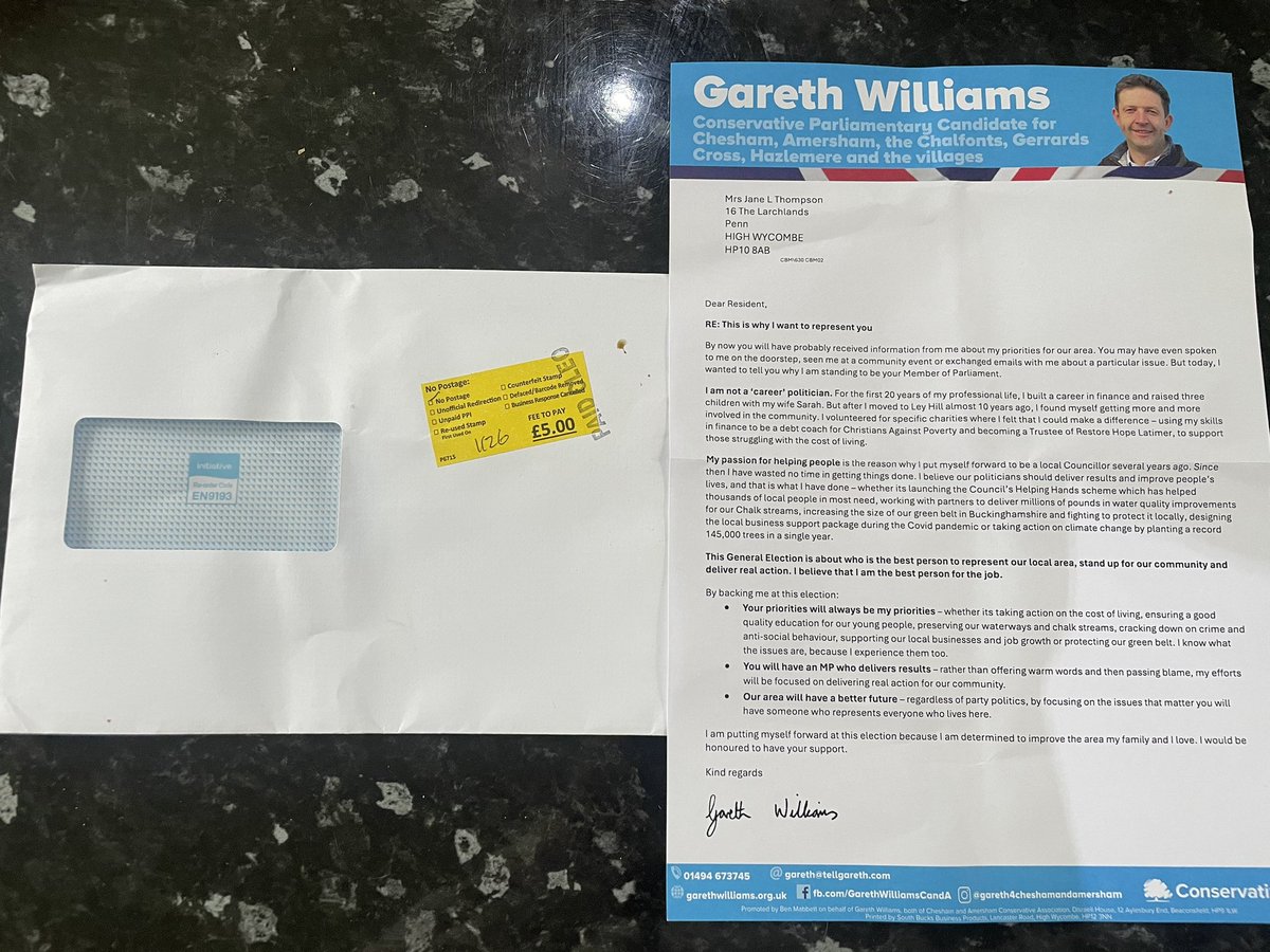 JaneT200's tweet photo. @GarethWatBucks - having to pay a £5 unpaid postage fee for your ‘Dear Resident’ letter does not - I’m afraid - endear me to your cause https://t.co/DXeRfkB2yb