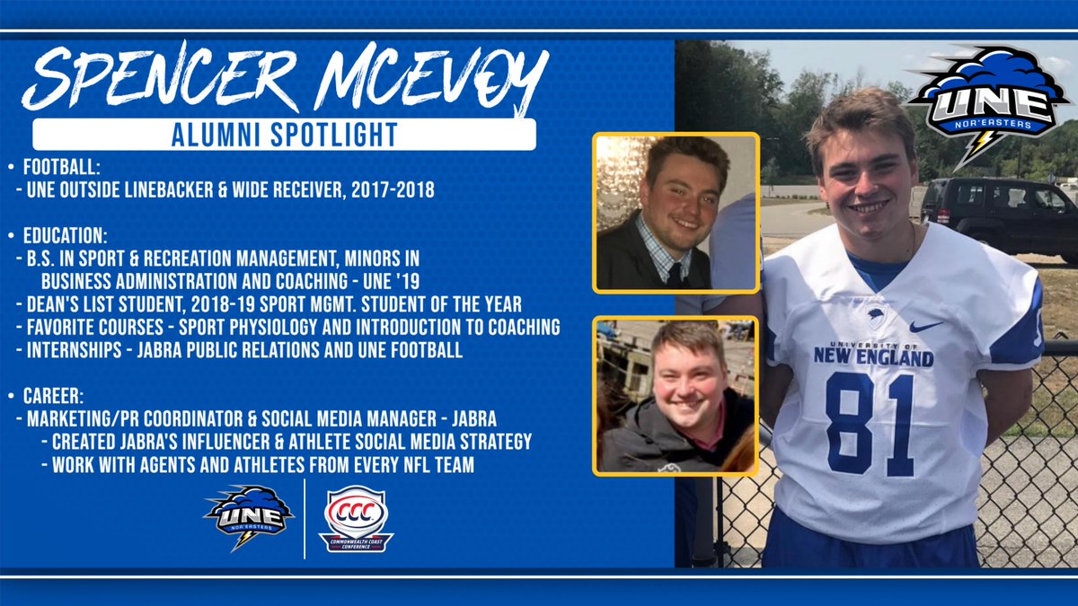 University of New England Football (@unefootball) on Twitter photo This week our spotlight shines on one of our earliest alums, Spencer McEvoy. After UNE, Spencer ventured into the business world with <a href="/Jabra_US/">Jabra US Team</a>. He's currently the Marketing/PR Coordinator for all of North America and is responsible for their Social Media Strategy 🌩️🏈 #STG This week our spotlight shines on one of our earliest alums, Spencer McEvoy. After UNE, Spencer ventured into the business world with <a href="/Jabra_US/">Jabra US Team</a>. He's currently the Marketing/PR Coordinator for all of North America and is responsible for their Social Media Strategy 🌩️🏈 #STG