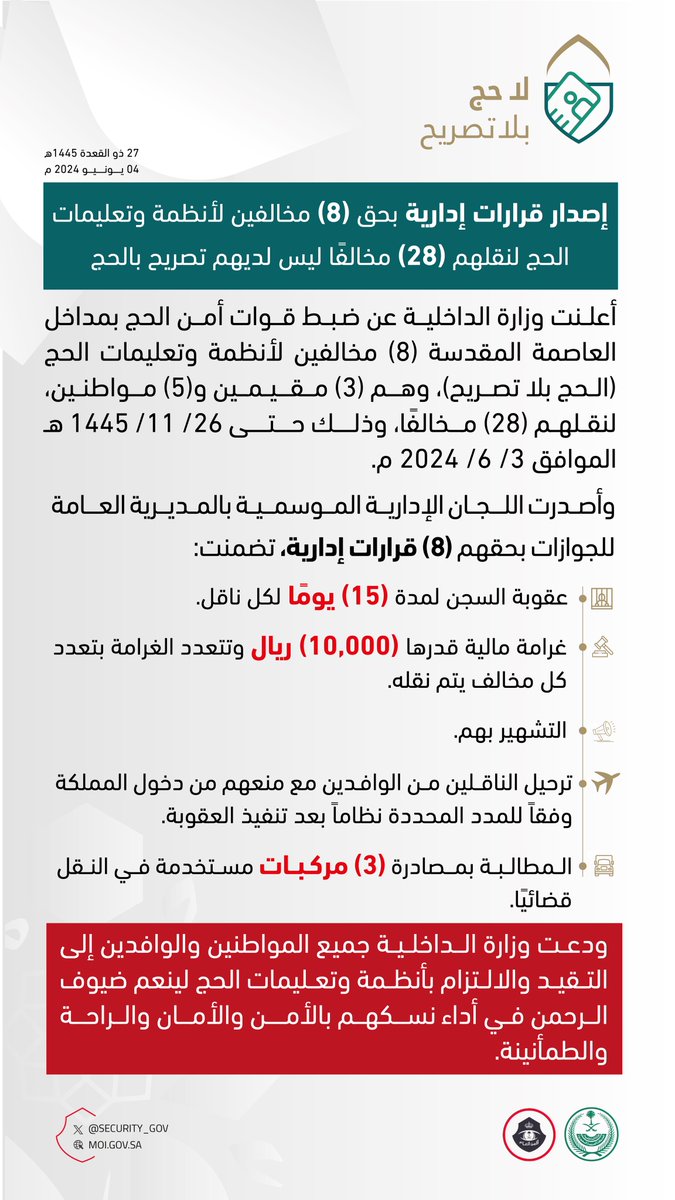 security_gov's tweet photo. إصدار قرارات إدارية بحق (8) مخالفين لأنظمة وتعليمات الحج لنقلهم (28) مخالفًا ليس لديهم تصريح بالحج.
#لا_حج_بلا_تصريح https://t.co/jT3ZSDBtVg