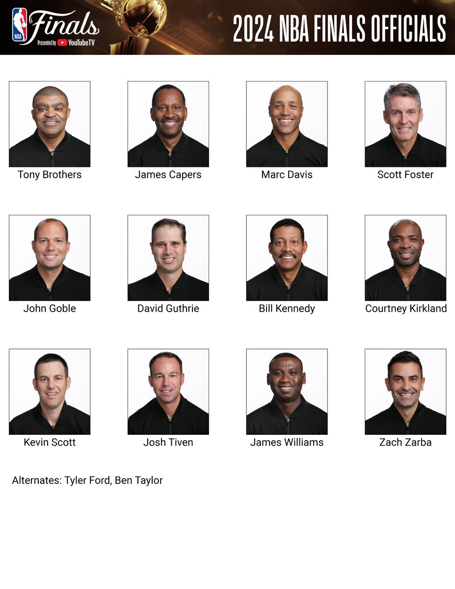 NBAPR's tweet photo. The NBA today announced the list of game officials assigned to the NBA Finals 2024 presented by YouTube TV.

More: https://t.co/f6AB6276q3 https://t.co/oCSaNhHOot