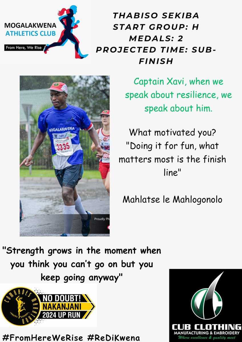 mogalakwenaac's tweet photo. 23/27 @thabiso_sekiba from Uitzight Village going for his 3rd @ComradesRace. He is one of those who showed us that it is possible when he lined up in 2019. You have done it before, we believe

Goodluck, lerato ke leo 💙 🤍 💚 
#FromHereWeRise #ReDiKwena #IPaintedMyRun #TrapnLos https://t.co/tCBMnDBWb8