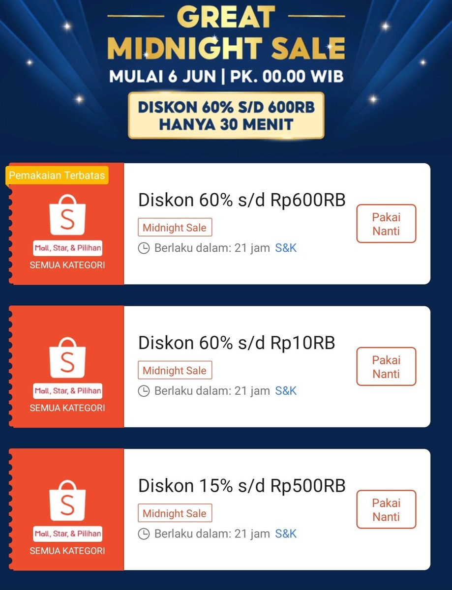 niiinaaw's tweet photo. KUMPULAN VOUCHER SHOPEE
PROMO PUNCAK 6 JUNI 
GREAT MID YEAR SALE 6.6

Great Midnight Sale Pukul 00.00 WIB
Hanya 30 Menit! 

- Diskon 60% s/d 600RB
- Diskon 60% s/d 15RB
- Diskon 15% s/d 15RB

🔗 https://t.co/YksgK9AhOd https://t.co/RCpArHa6QA