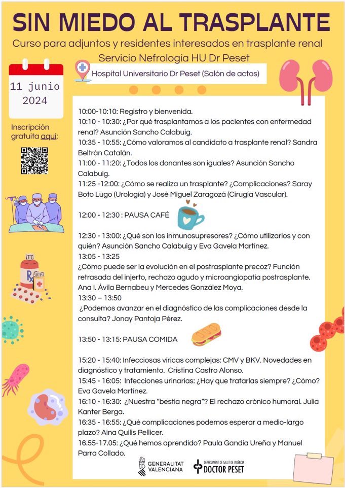 nefropeset's tweet photo. ⏳Queda una semanita para el curso de trasplante del Peset; encantados de recibiros y compartir experiencia y conocimiento! 😁🤗Inscripción gratuita a través del QR! @GVADrPeset @SVNefro @SETrasplante @ONT_esp https://t.co/LCKtihle7D