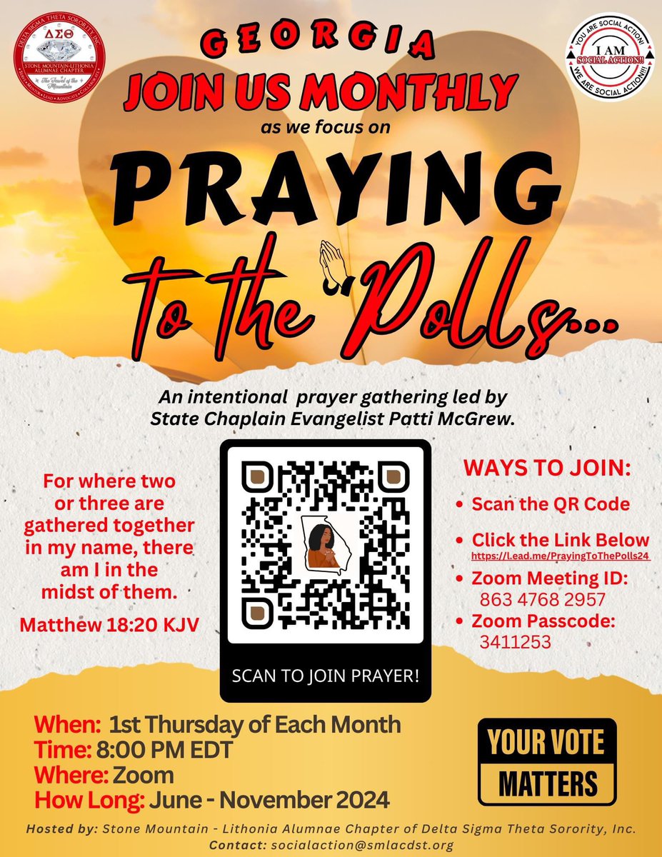 Join "Praying to the Polls" -- an intentional prayer gathering led by DST’s Georgia State Chaplain, Evangelist Patti McGrew. Thursday, June 6 at 8 PM (EDT). 
Scan the QR code or click this link to join the prayer call: l.ead.me/PrayingToThePo… #SMLAC #PrayingToThePolls