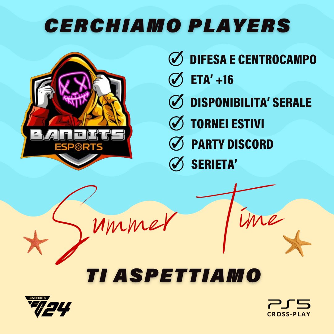 Bandits_Esport's tweet photo. 🏖️ Bandits Esports "Summer Time 2024"

🔎Cerchiamo Players per il periodo estivo, dando la possibilità di essere inseriti nel nostro roster per la nuova stagione 2024/25;

📅 Periodo: Giugno, Luglio, Agosto 2024;
🕙 Da Lunedi al Giovedi, orario 21:30 - 0:00;

🎮 Tornei estivi

Ti aspettiamo !
Seguici per avere ulteriori informazioni!

#forzabandits

@RT_NoLimits @Mercato_FVPA @pctransfermarkt
@KickOff_ProClub @RTAllProClub
@Slide__Retwitt @ProClubsRTweets @RTproclub @RTProClubs @vGamesRT @ItaliaProclub