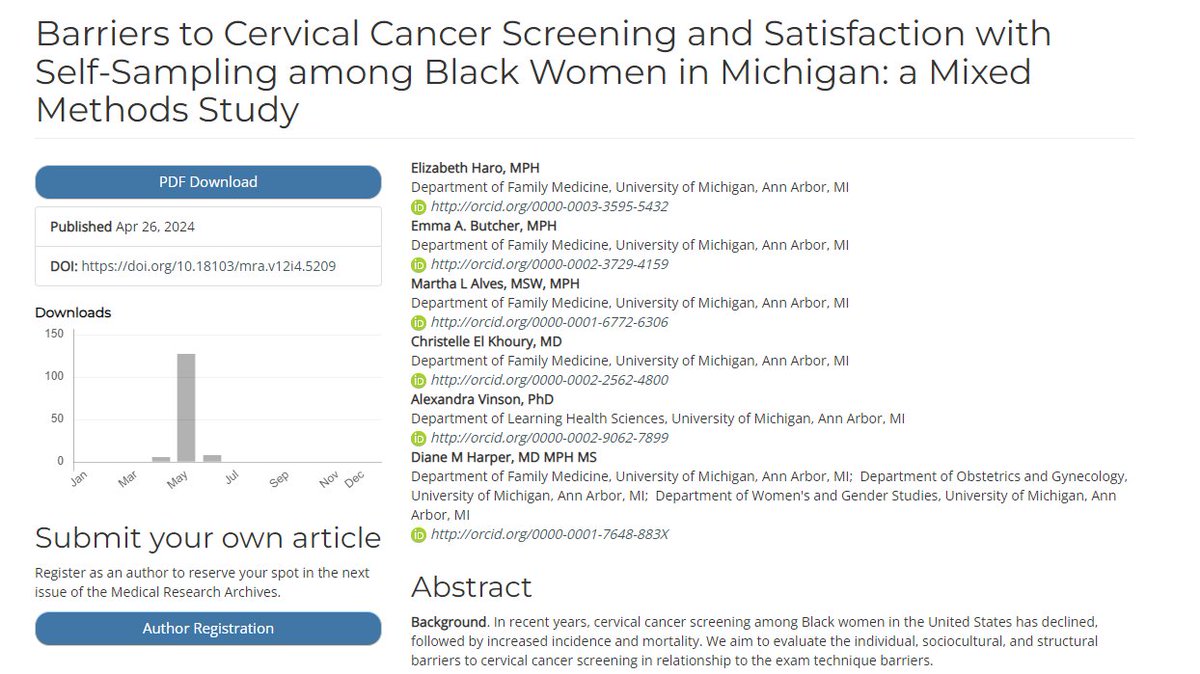 Researchers <a href="/DianeMHarperRG/">Diane M Harper Research Group</a>, <a href="/christelle_kh/">Christelle El Khoury, MD</a>, <a href="/ahvinson/">Alexandra Vinson</a> et al found the speculum-based exam was the greatest barrier among Black females in being screened for cervical cancer. Self-screening method was feasible &amp; acceptable to the 41 study participants. bit.ly/4bIlDxn