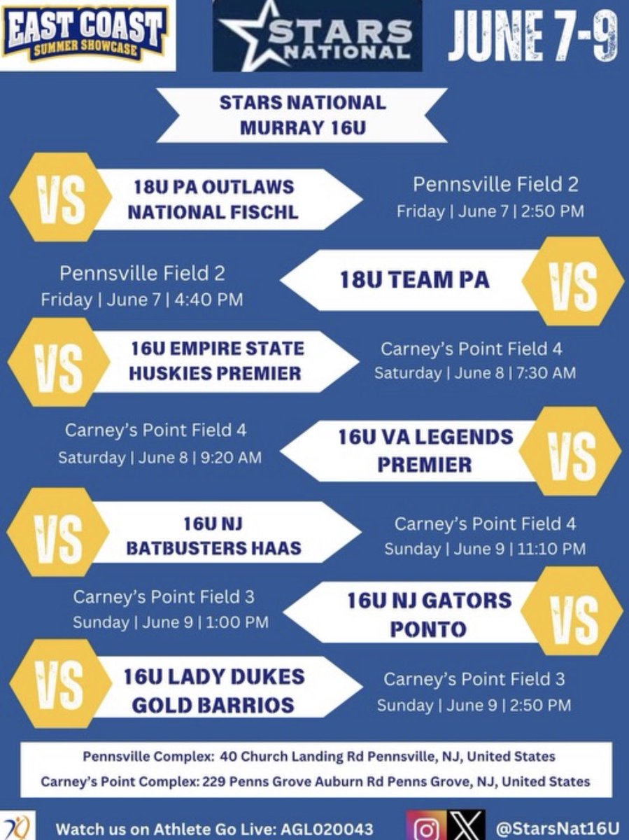 Super excited to be back on the field with my <a href="/StarsNat16U/">Stars National 16U</a> family this weekend. Here is our schedule for the ⭐️East Coast Showcase⭐️ <a href="/starsnationalfp/">Stars Organization</a> <a href="/TopPreps/">SPORTS NEWS, VIDEOS, GRAPHICS, EXPOSURE & MORE</a> <a href="/CoastRecruits/">Coast 2 Coast Recruits</a>