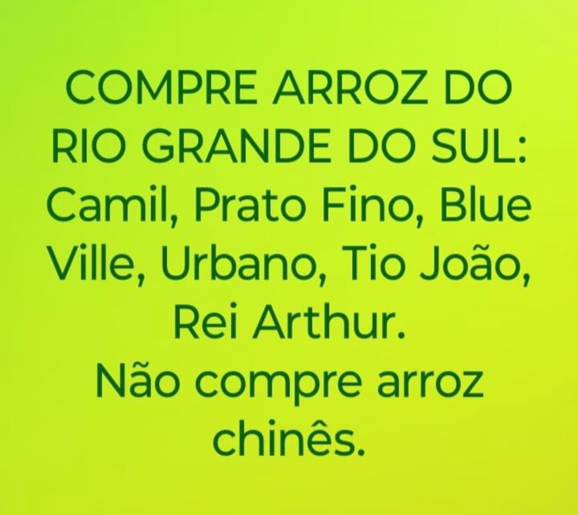 Tessnyc2001's tweet image. BOICOTEM O ARROZ ASIATICO, venha de onde vier. Mais um absurdo INSULTO e MALDADE contra os brasileiros e o RS em particular. 

Além de pior qualidade, alem do dinheiro que será desviado, o arroz do RS já está colhido e pode abastecer o Brasil inteiro! 

#FORALULADRAO
