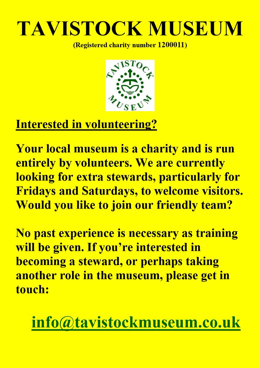 At Tavistock Museum, we're actively recruiting stewards to help us keep this small, friendly museum open to the public. If you value local heritage, enjoy meeting new people, &amp; like being part of a team, we'd love to hear from you. Find out more here- info@tavistockmuseum.co.uk