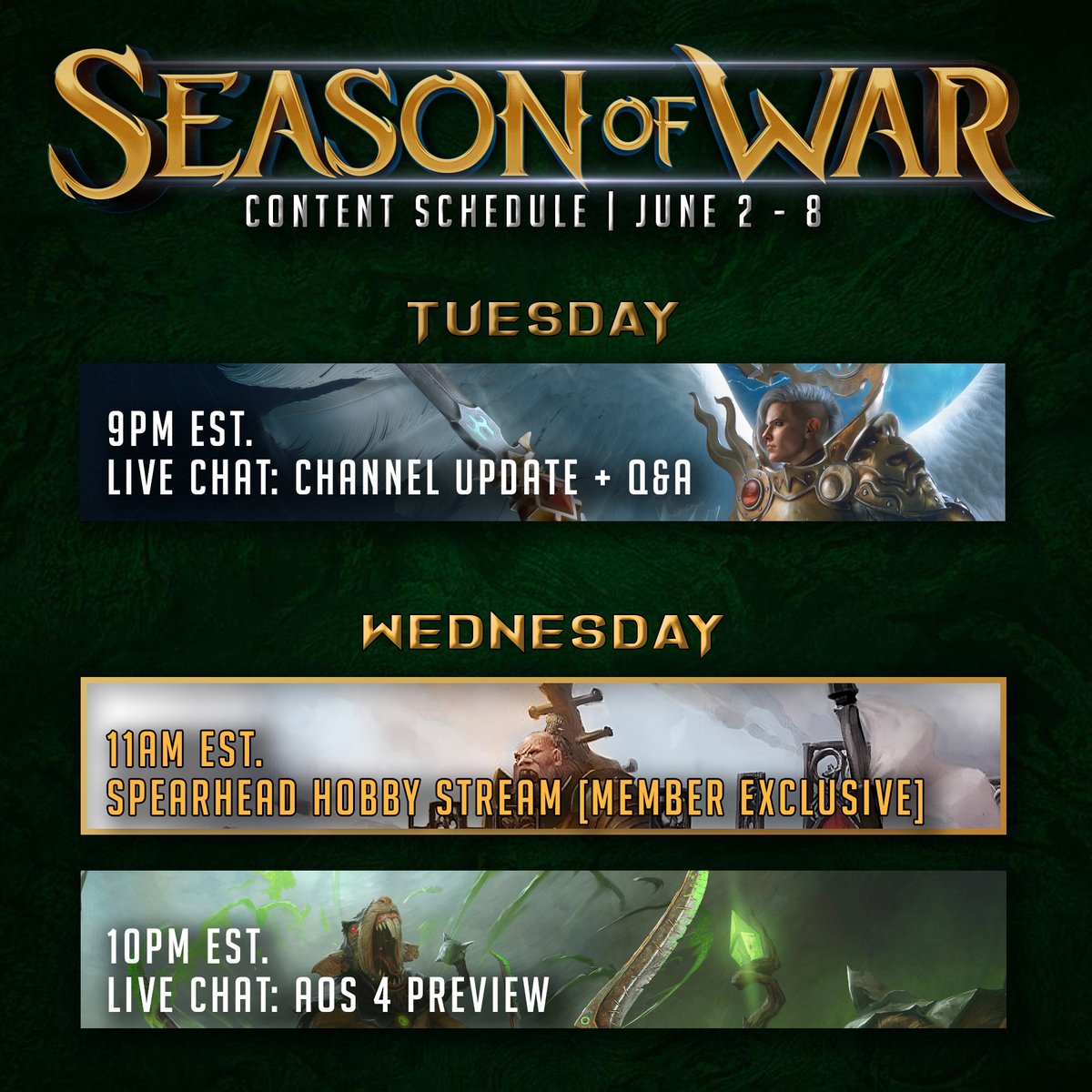 As we're all hyped and eager for AoS 4, we'll be shifting out focus in preparation for the launch of the new edition.

We've got some epic battles (&amp; more) planned, but in the meantime we've got a juicy schedule of live shows planned for the coming weeks!