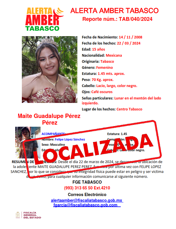 Personas Desaparecidas Tabasco, desactiva cédula de alerta amber a nombre de la adolescente MAITE GUADALUPE PEREZ PEREZ.