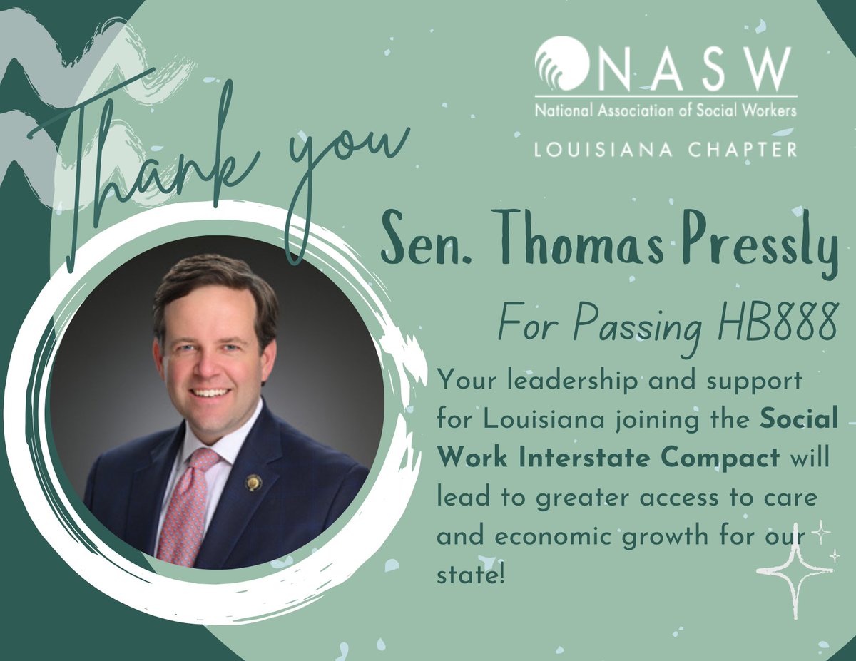 NASW_LA's tweet photo. A heartfelt thank you to Senator Thomas A. Pressly for your leadership in advancing #HB888! Your dedication to improving access to care in Louisiana is truly appreciated. #SocialWorkAdvocacy #SocialWorkCompact #lalege @TAPressly https://t.co/jePoqL2A79