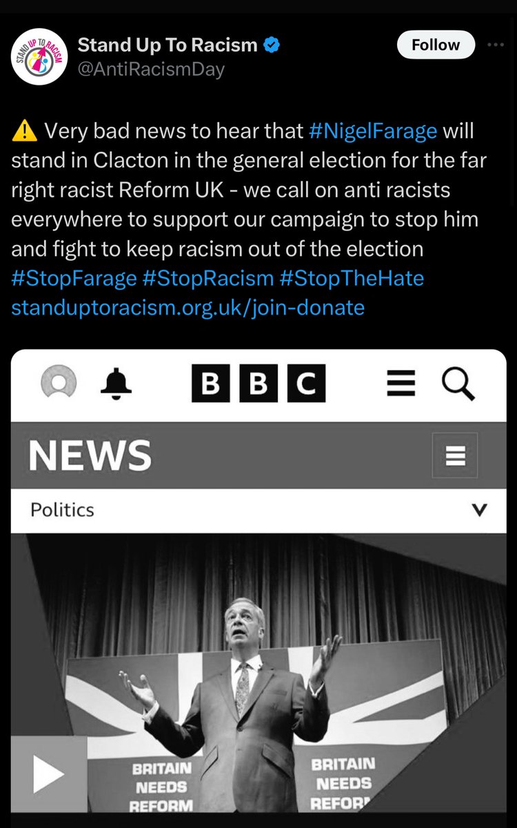 Nigel_Farage's tweet photo. The left-wing group called ‘Stand Up To Racism’ have encouraged and then celebrated violence against me. 

As the president of the group, will @HackneyAbbott condemn this behaviour? https://t.co/QmNF370lcp