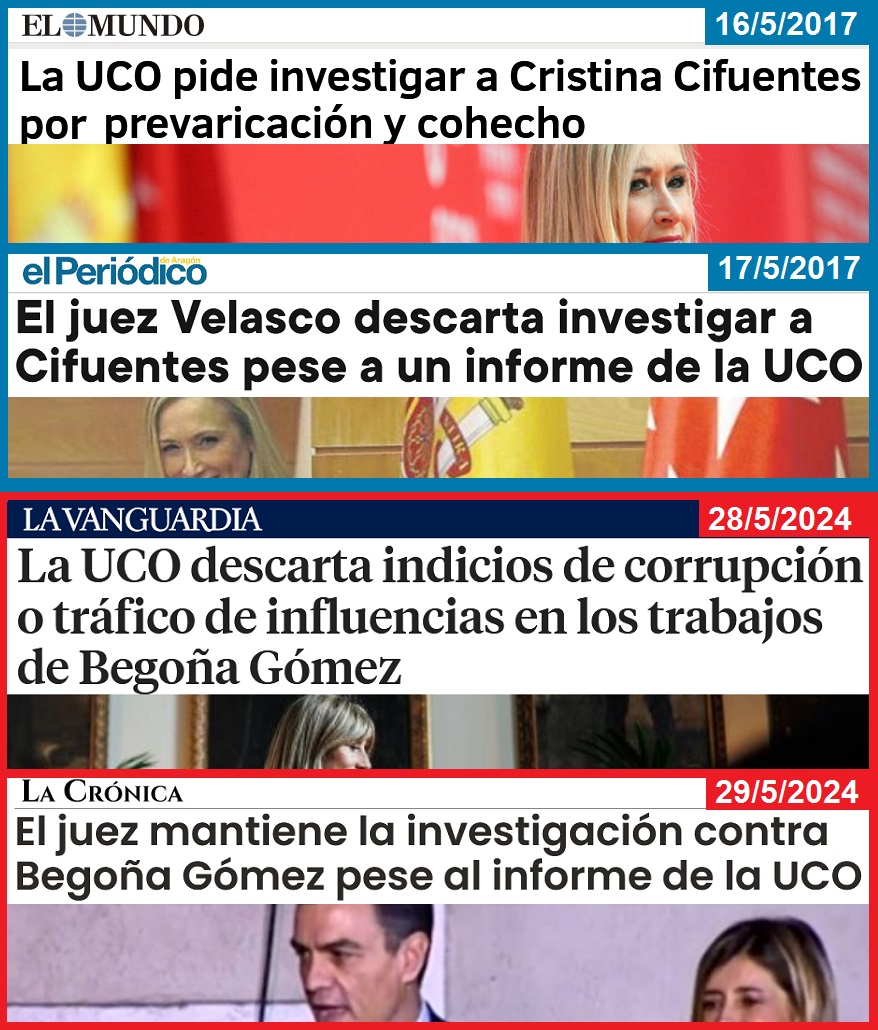 Deselectrocuta1's tweet photo. 🟦 La UCO pide investigar a Cifuentes / El juez descarta investigar a Cifuentes pese al informe de la UCO.

🟥 La UCO descarta indicios de delito en la actuación de Begoña Gómez / El juez mantiene la investigación contra BG pese al informe de la UCO.

¿Os hago un croquis? https://t.co/6kYZiCS13F