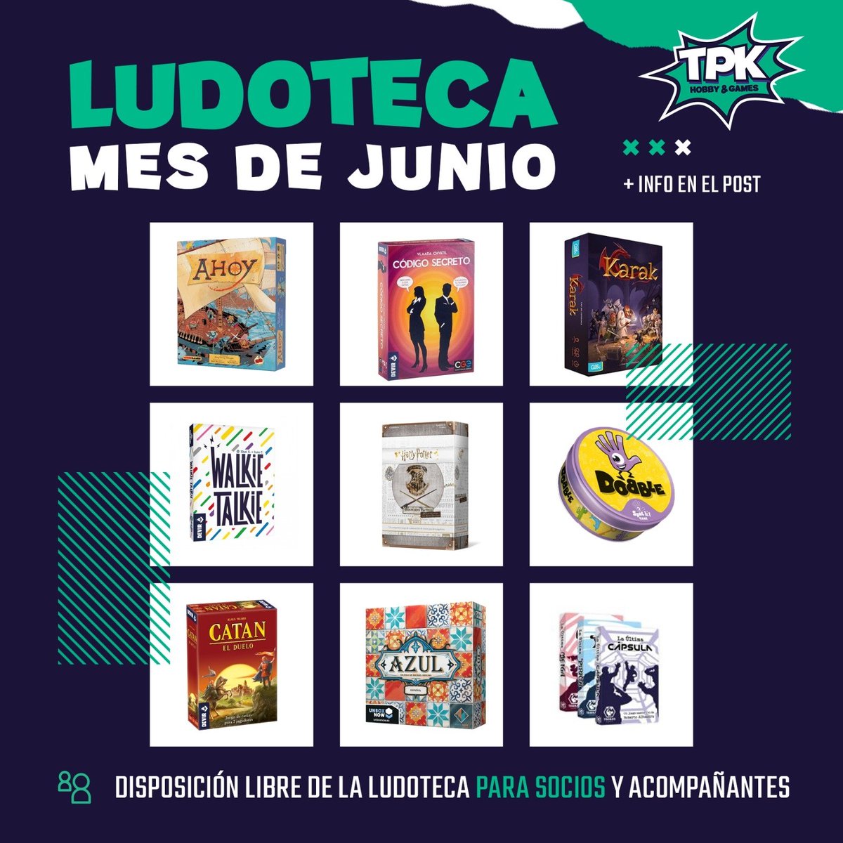 TPKHobbyGames's tweet photo. ¡COMUNICADO IMPORTANTE! ¡TPKrew, damos por abierta nuestra ludoteca para socios!

¡Este mes, nuestra selección de juegos es la siguiente: Ahoy, Código Secreto, Karak, Walkie Talkie, Hogwarts Battle: Defensa contra las Artes Oscuras, Dobble, Catan: El Duelo, Azul y La Última! https://t.co/rdnA71UNSq