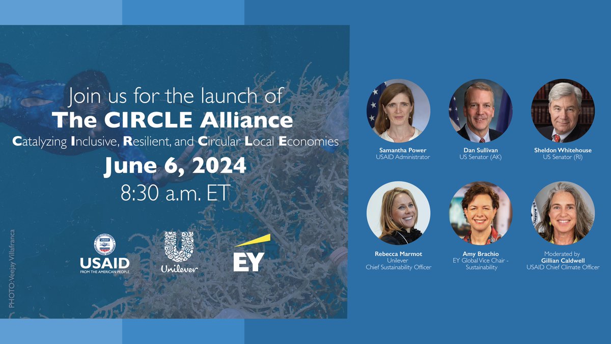 Ahead of #WorldOceanDay, join us, <a href="/Unilever/">Unilever</a> &amp; <a href="/EYnews/">EY</a> during Capitol Ocean Week as we launch a new collaboration to stop plastic pollution &amp; reduce plastic waste on June 6.

Tune in here: usaid.gov/circle-alliance