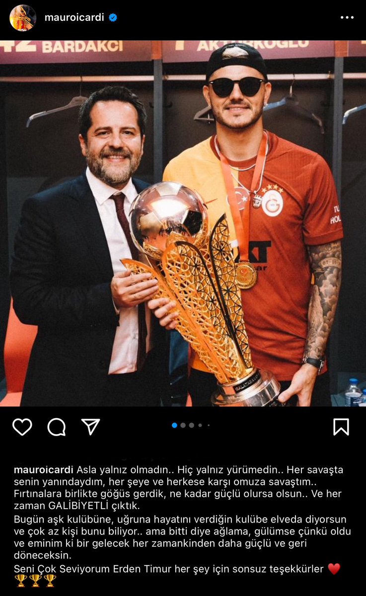Mauro icardi'nin Erden Timur'a veda paylaşımı Galatasaray'da hizmet eden bazı bireylere ders niteliğinde. Helal olsun sana aslan parçası